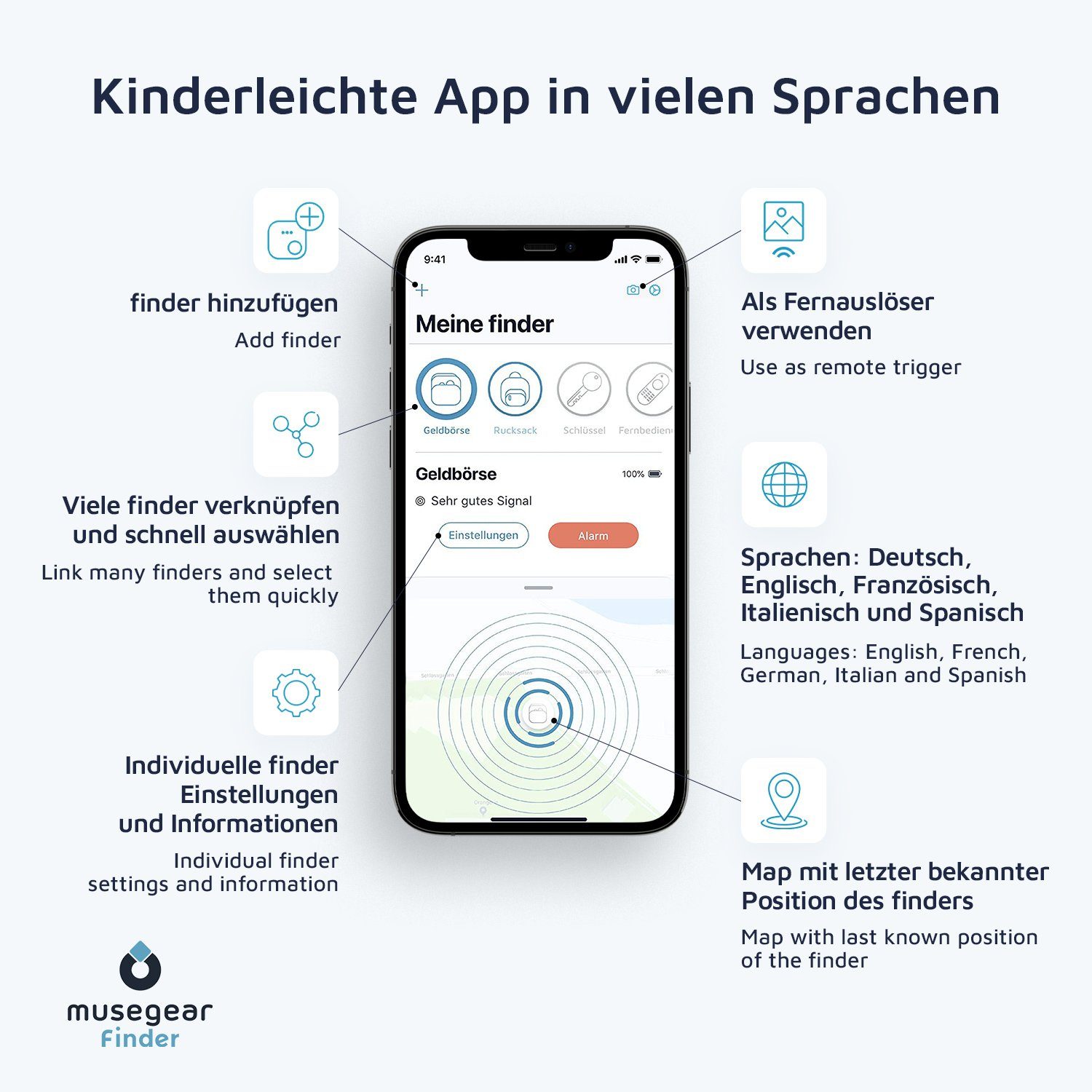 musegear Schlüsselfinder Deutschland App mit aus schwarz Bluetooth Bluetooth®-Sender