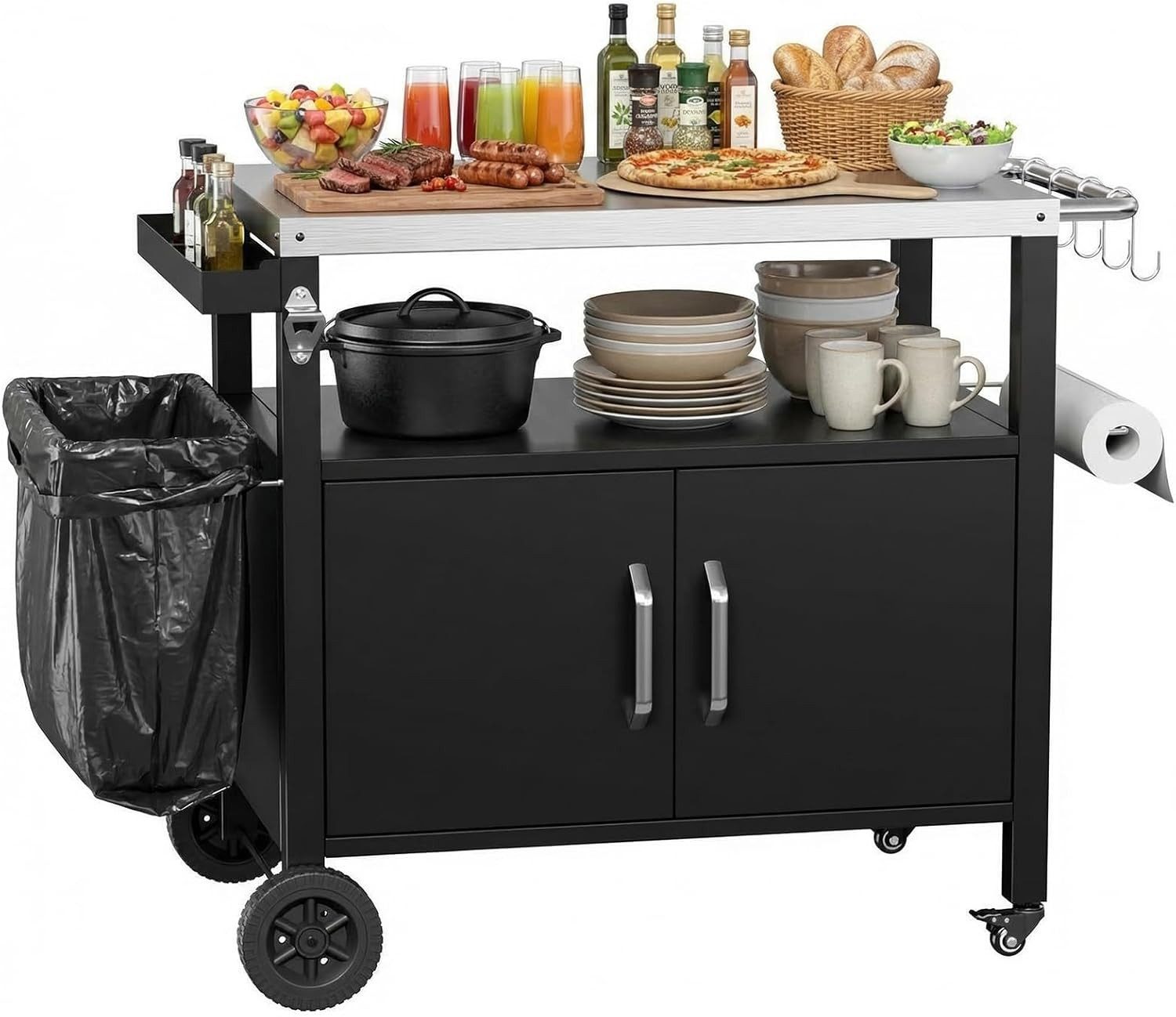 TLGREEN Grillablagetisch Edelstahl Servierwagen mit Tür, 4 Rollen (Mobiler Küchenwagen für Gewerbe & Garten, Grillwagen, Partywagen, Cateringwagen), Stabiler Lebensmittelwagen, Einfache Montage