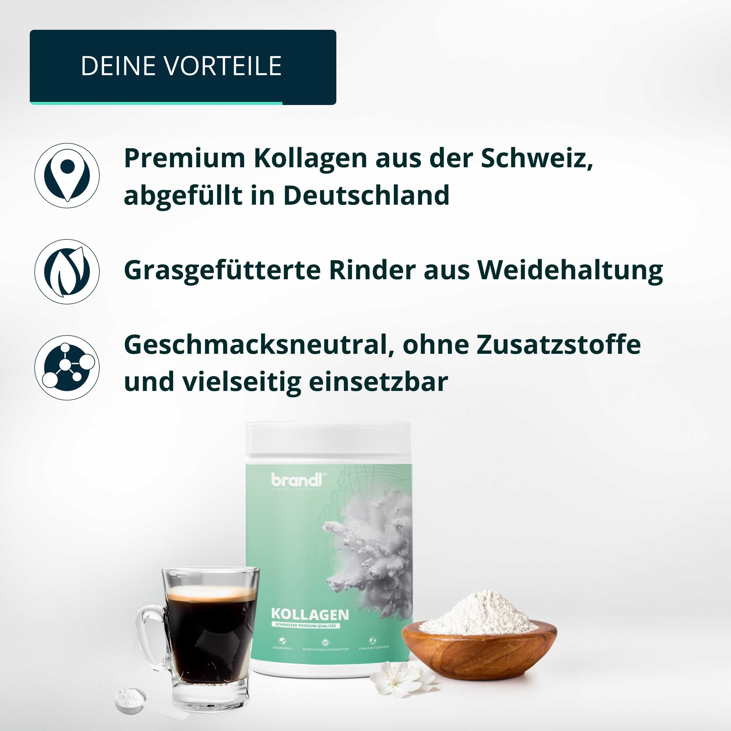 Brandl Nutrition Kollagen Pulver für Gelenke, Knie und Haut, aus Schweizer Weidehaltung Pulver, 555 g, geschmacks- und geruchsneutral & unabhänging laborgeprüft