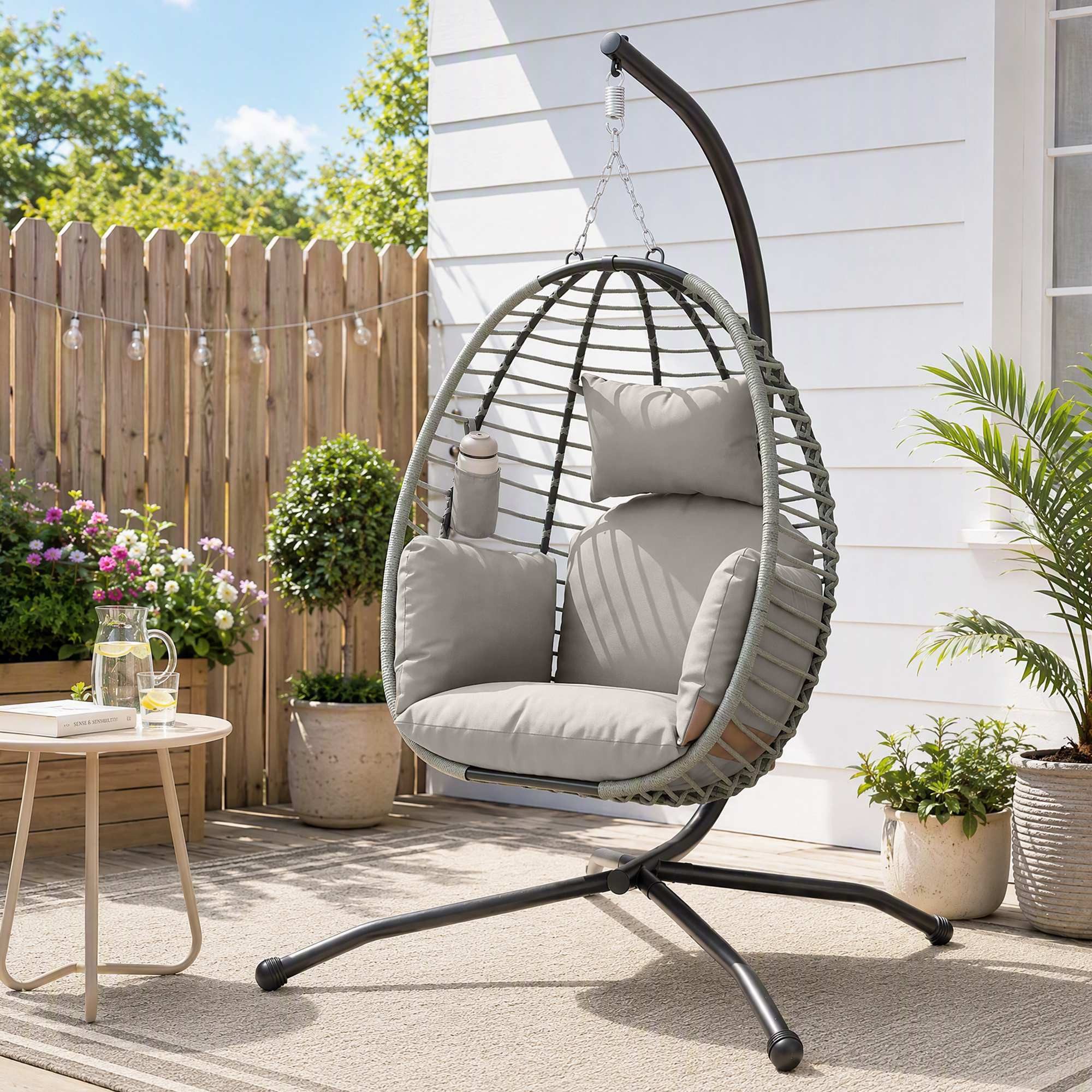 Outsunny Hängesessel Hängeschaukel mit waschbarem Sitz, Hängematte, Indoor Outdoor (Korbsessel, 1-St., Schaukelsessel), für Garten, Wohnzimmer, bis 120 kg Belastbar, Stahl, Grau