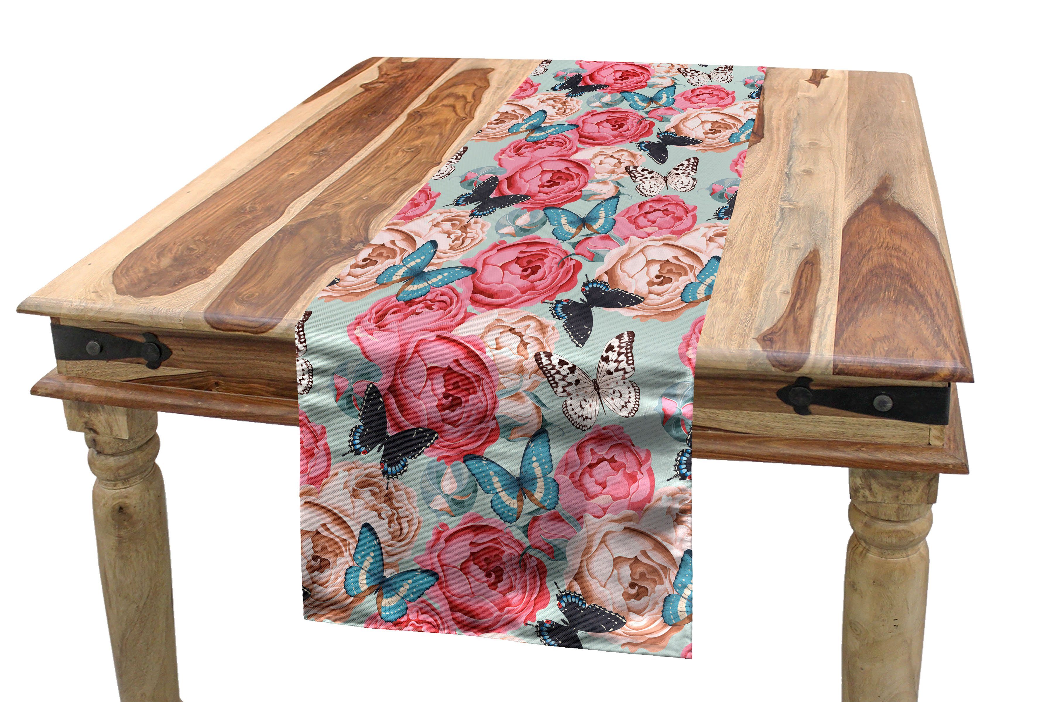 Abakuhaus Tischläufer Esszimmer Küche Rechteckiger Dekorativer Tischläufer, Bunt Peony Rose Schmetterlinge