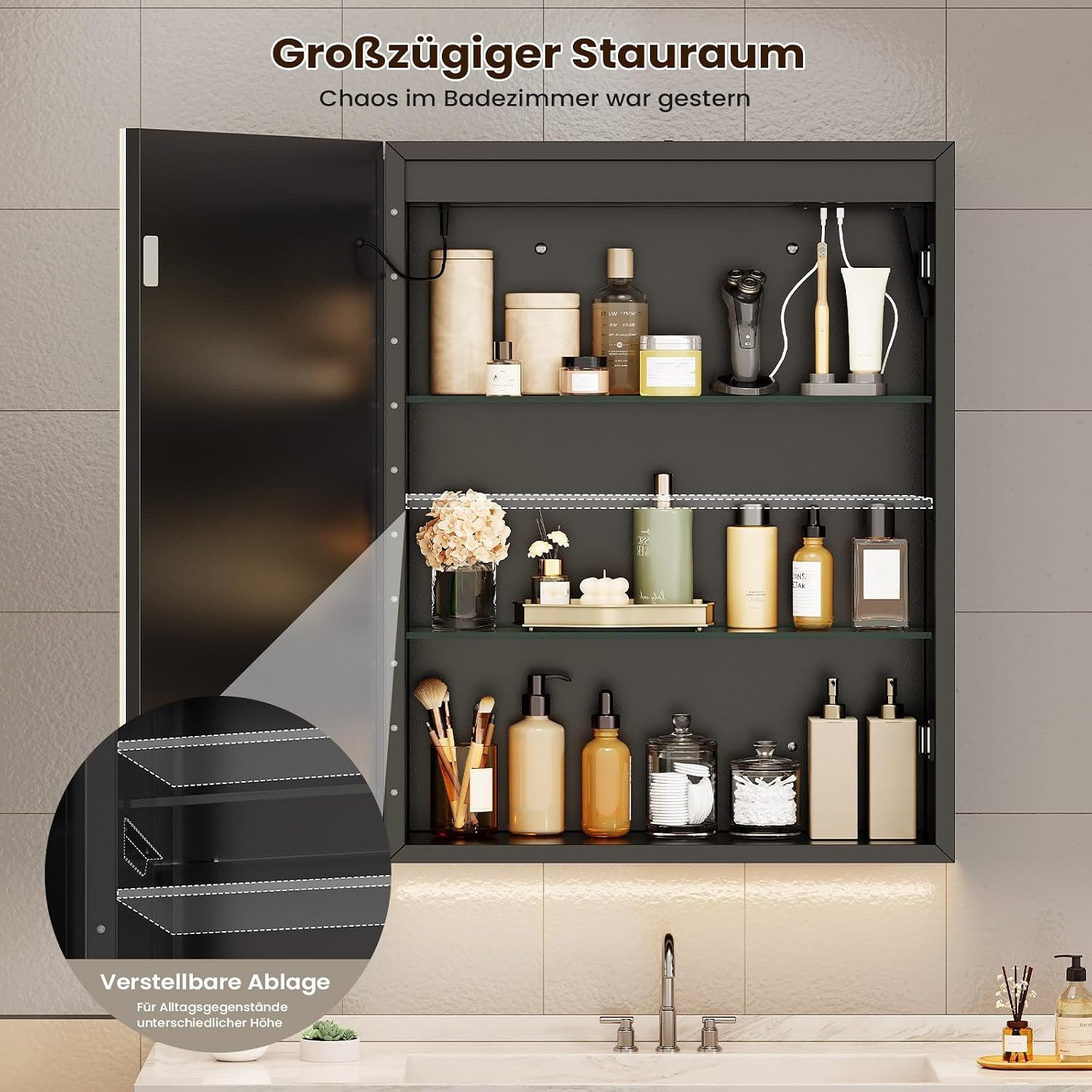 MSMASK Spiegelschrank aus Metall mit LED Beleuchtung und Steckdose, 50x14x70 cm, Schwarz (1-St) Badschrank mit Anti‑Fog, verstellbaren Ablagen, 3 Farbtemperatur – Bild 5 von 5