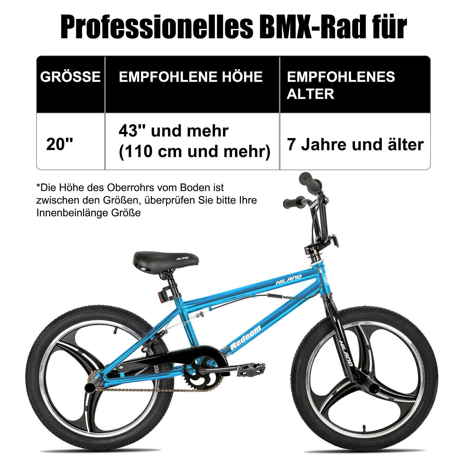 HILAND BMX-Rad 20 Zoll 3-Speichen Kinder BMX Rad für Jungen & Mädchen 5–12 Jahre, 360 Degree Rotor Freestyle, 4 Pegs Single Speed