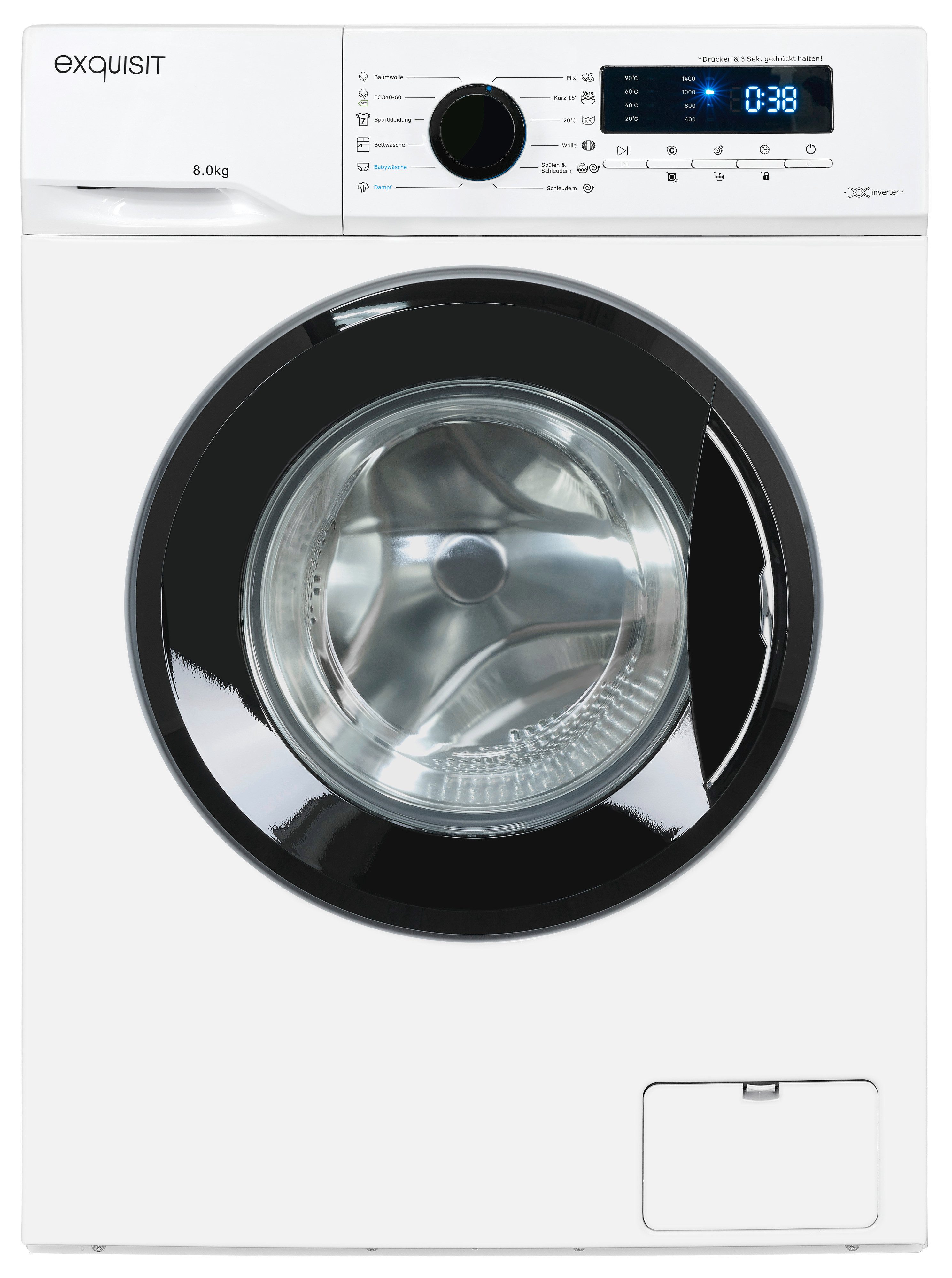 exquisit Waschmaschine WA8014-020A weiss, 8 kg, 1400 U/min, Trommelreinigung - spezieller Waschgang zur Säuberung des Innenraums