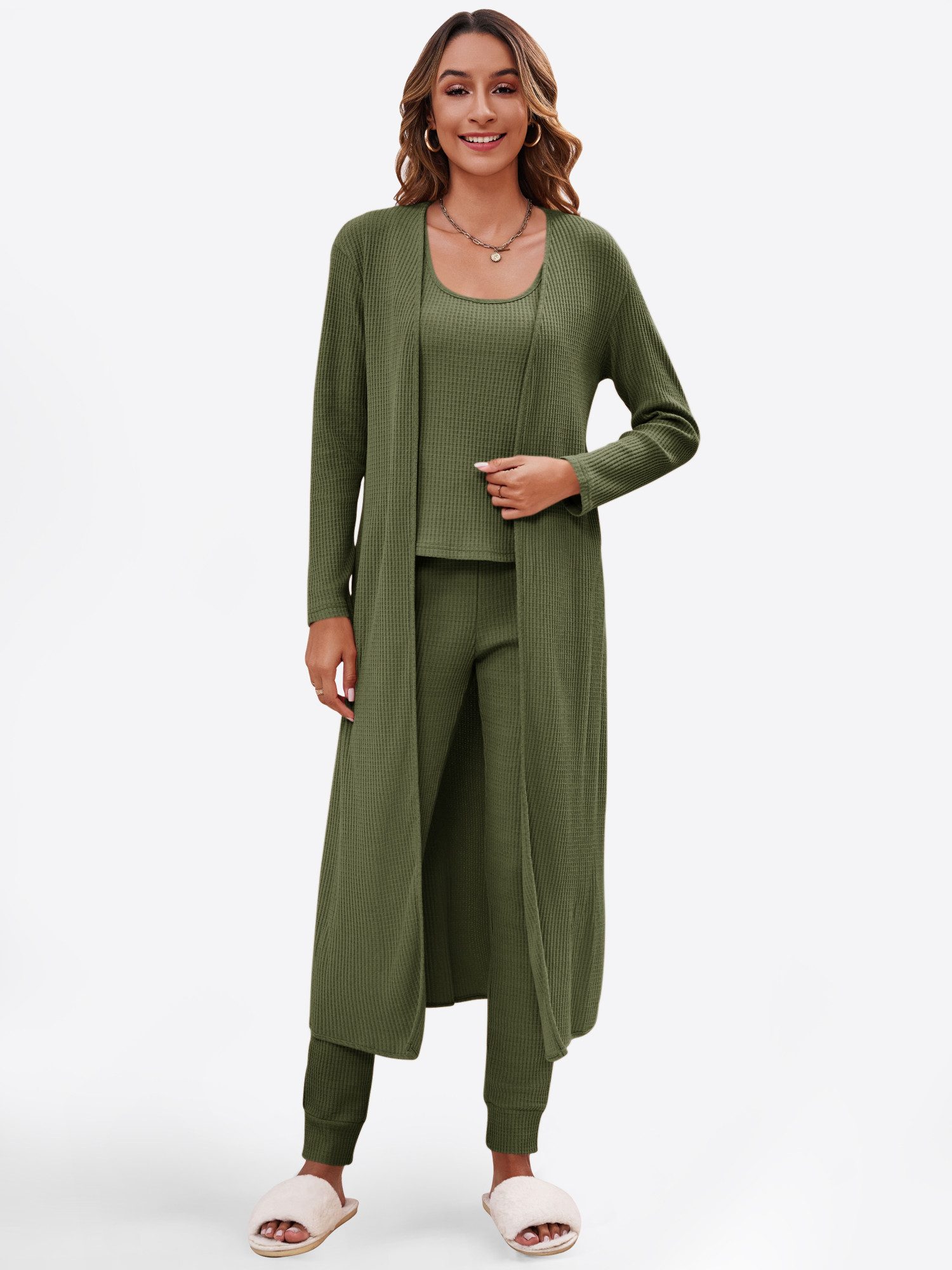 Imily Bela Hausanzug 3-teiliger Damen-Pyjama (Set, 3 tlg., Strickweste + Strickhose + Strickjacke) mit Baumwolle, Waffelstrick