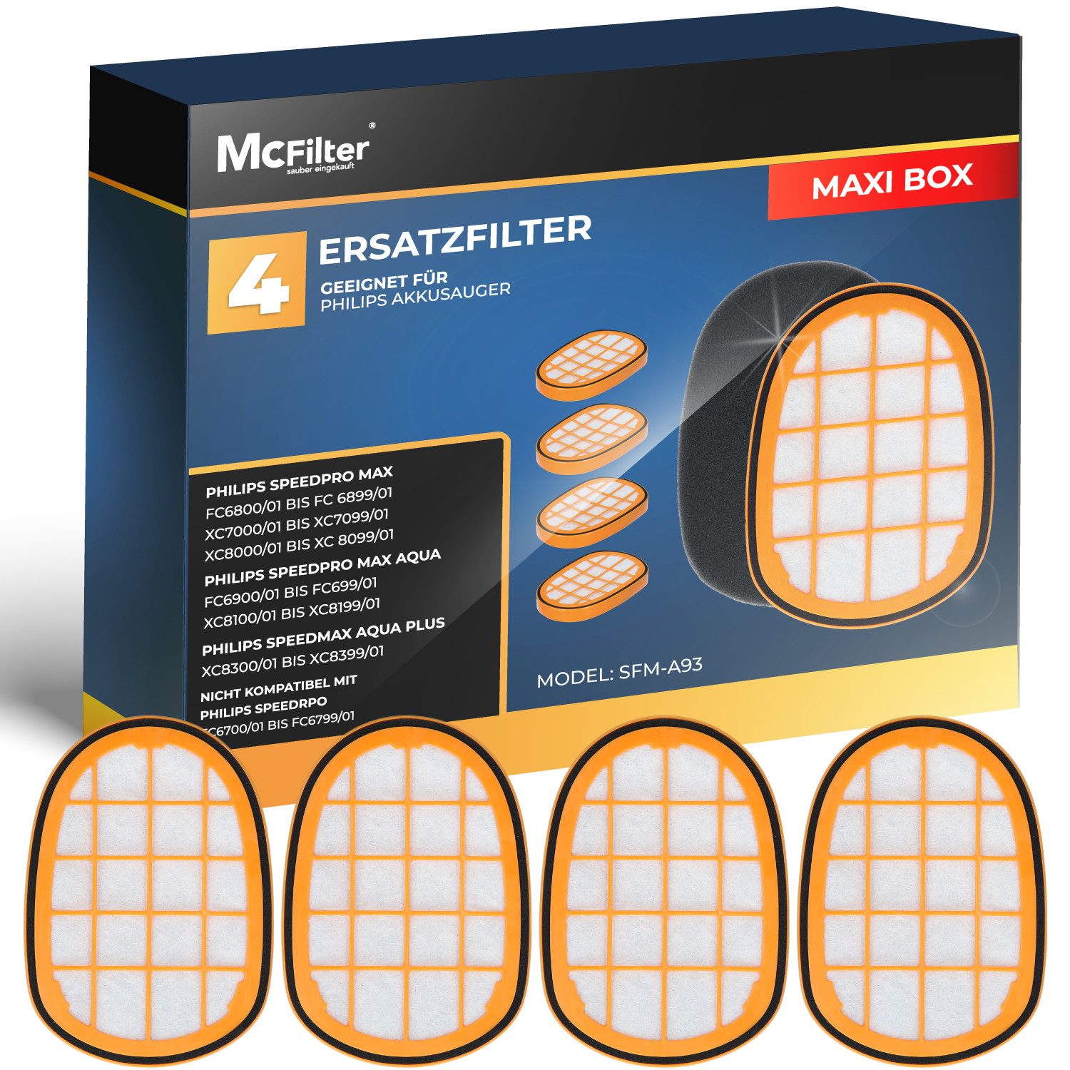 McFilter Ersatzfilter 4 Staubsaugerfilter, Zubehör für Philips SpeedPro Max Aqua Plus FC6826, XC7042, XC8045, XC8147, XC8347, Filter gegen Feinstaub, Alternative für FC5005/01