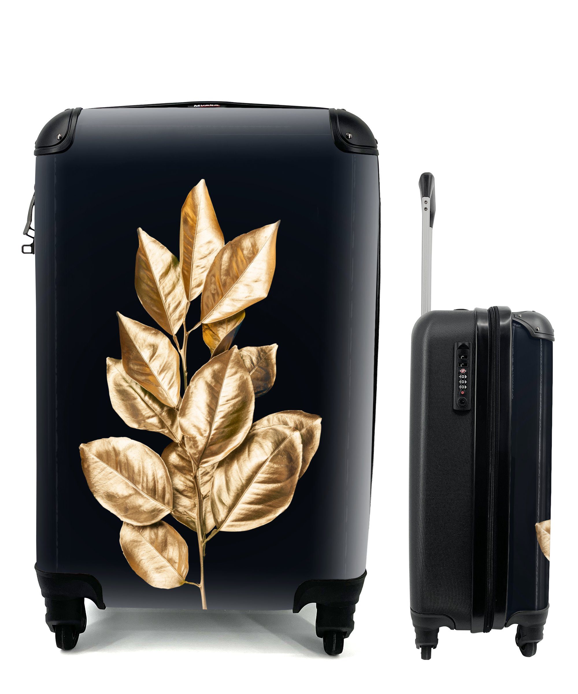MuchoWow Handgepäckkoffer Pflanze - Blätter - Gold - Schwarz - Luxus, 4 Rollen, Reisetasche mit rollen, Handgepäck für Ferien, Trolley, Reisekoffer