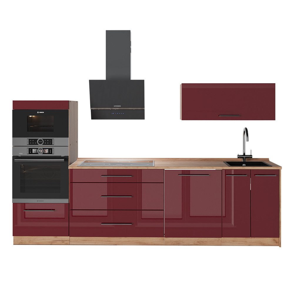 Vicco Küchenzeile Fame-Line, Bordeaux Hochglanz/Goldkraft Eiche, 280 cm, AP Eiche