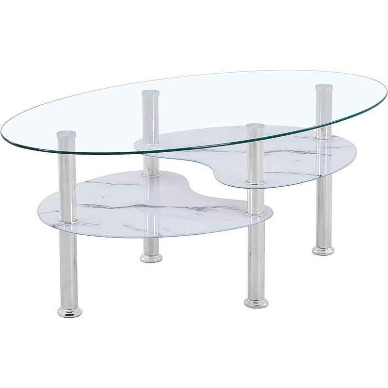 HOOZ Couchtisch HOOZ Couchtisch 98x55cm Klarglas mit Marmor weiß Ablage (Wohnzimmertisch, perfekt als Beistelltisch), Tischplatte Klarglas mit Ablage in Marmorweiß