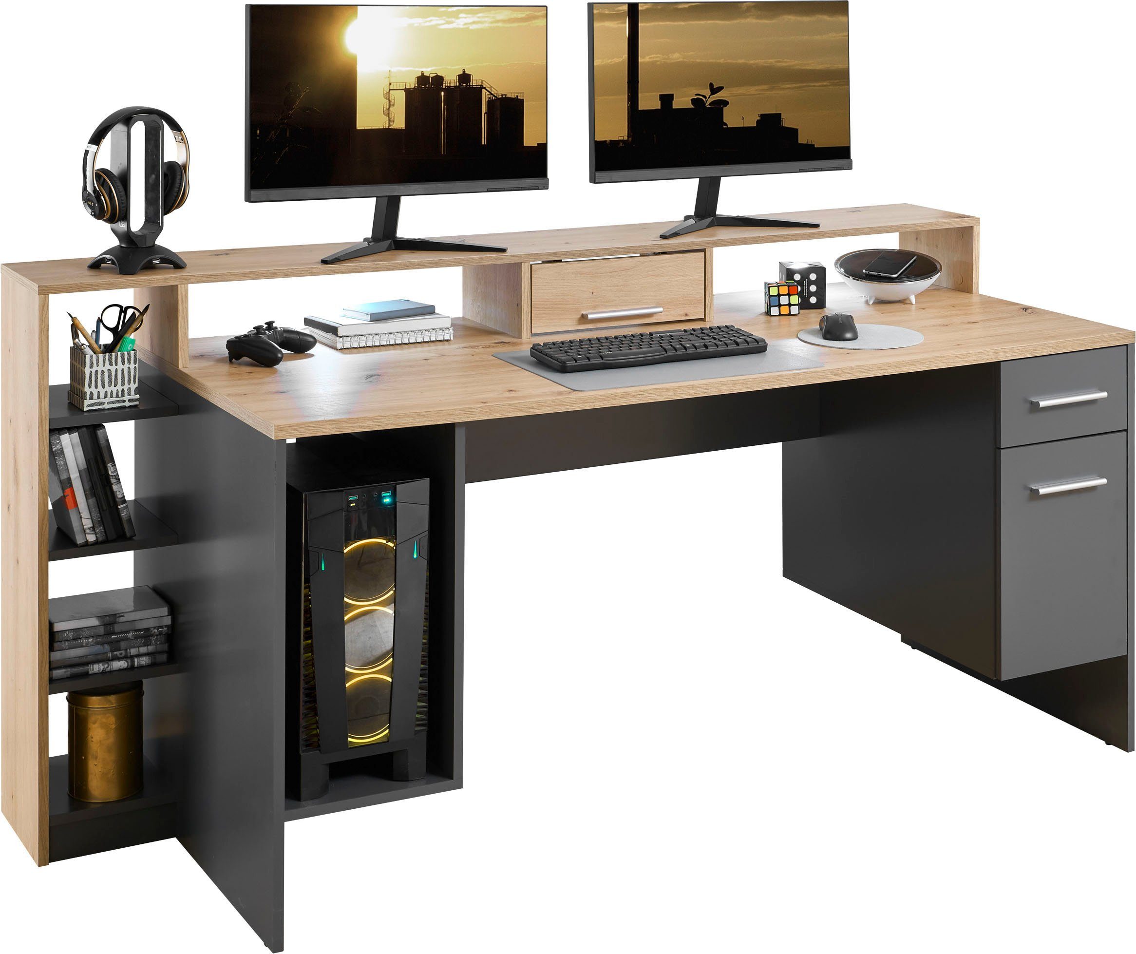 BEGA OFFICE Gamingtisch inkl. Beleuchtung, 4, Highscore Desktopfach LED Grau Computertisch mit