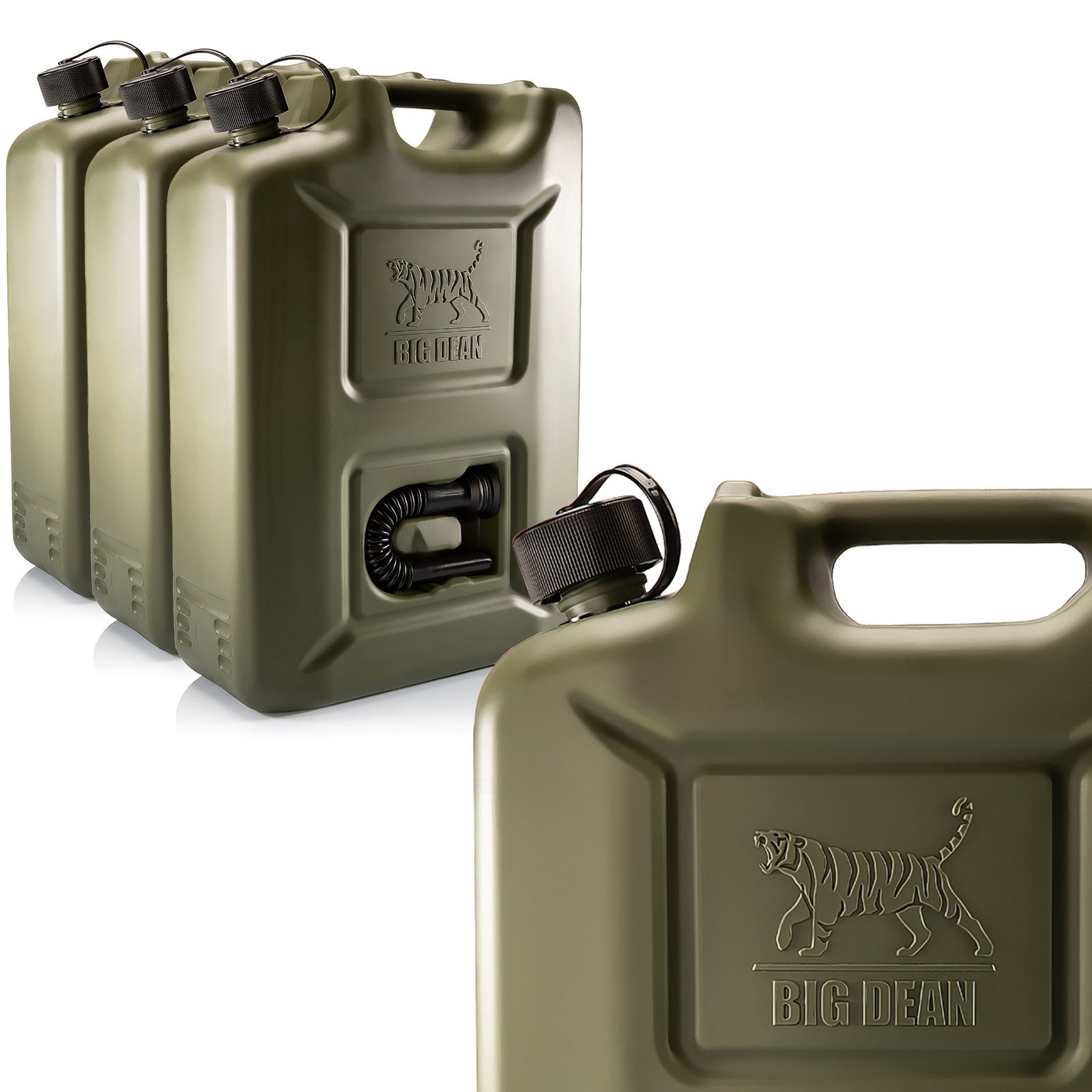 BigDean Benzinkanister 3 Stück Kraftstoffkanister 20L in Olivgrün mit flexiblem Ausgießer (Set, 3 St., Benzinkanister), Kraftstoffkanister, Benzin, Diesel, AdBlue, Öl