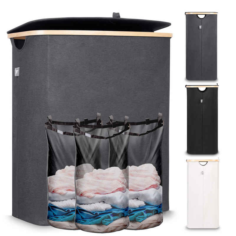 HENNEZ Wäschekorb Wäschesammler 3 Fächer mit Deckel 150 Liter - Wäschesammler 3 Fächer, Wäschetruhe mit Bambusrahmen