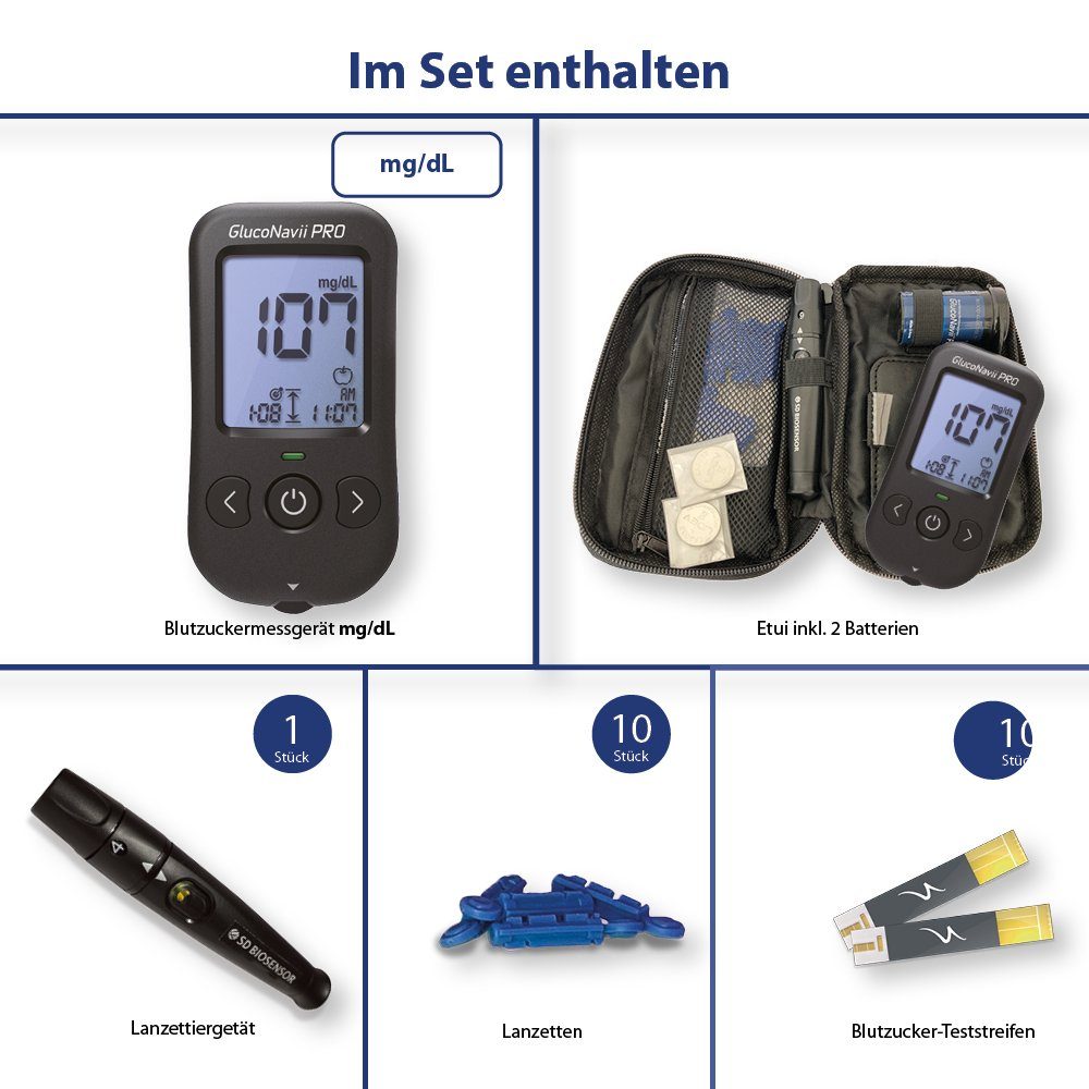 GlucoNavii Blutzuckermessgerät Pro Maßeinheit in MG, Starterset, Ink. 10 Tetsteifen, 10 Lanzetten und Lanzettiergerät, Blutzucker Starterset