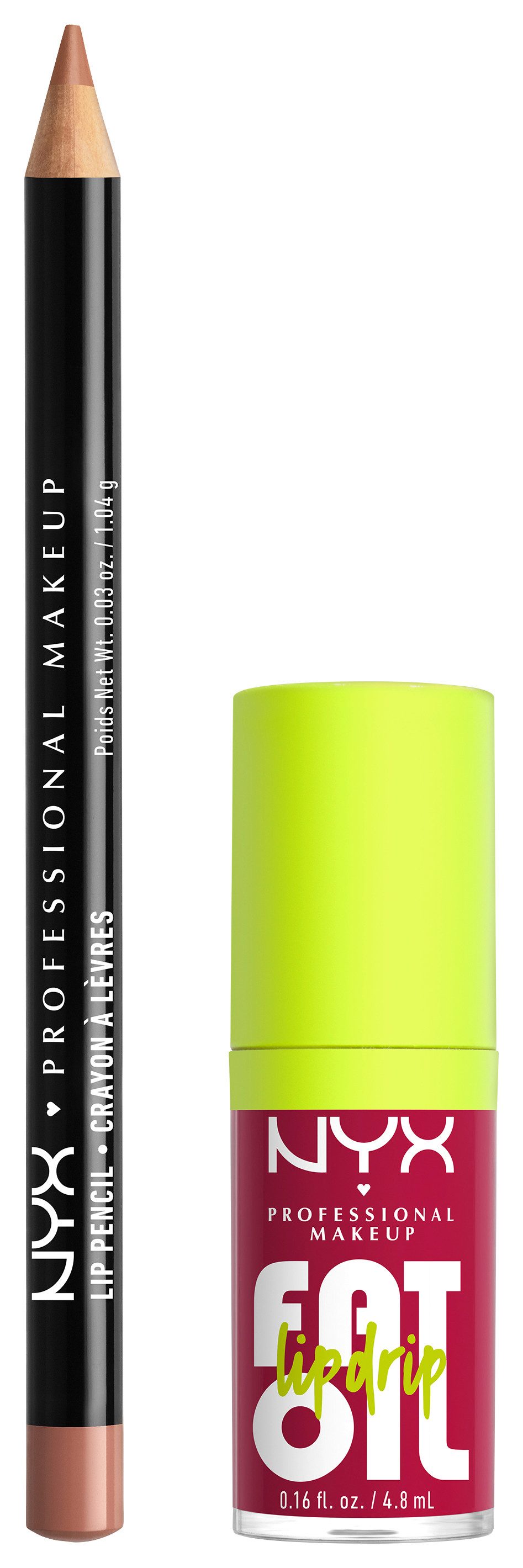 NYX Schmink-Set NYX Professional Makeup Slim Lip Pencil + Fat Oil Lip Drip, Butterweicher Lipliner, glänzender Lipgloss, langanhaltenden Glanz.