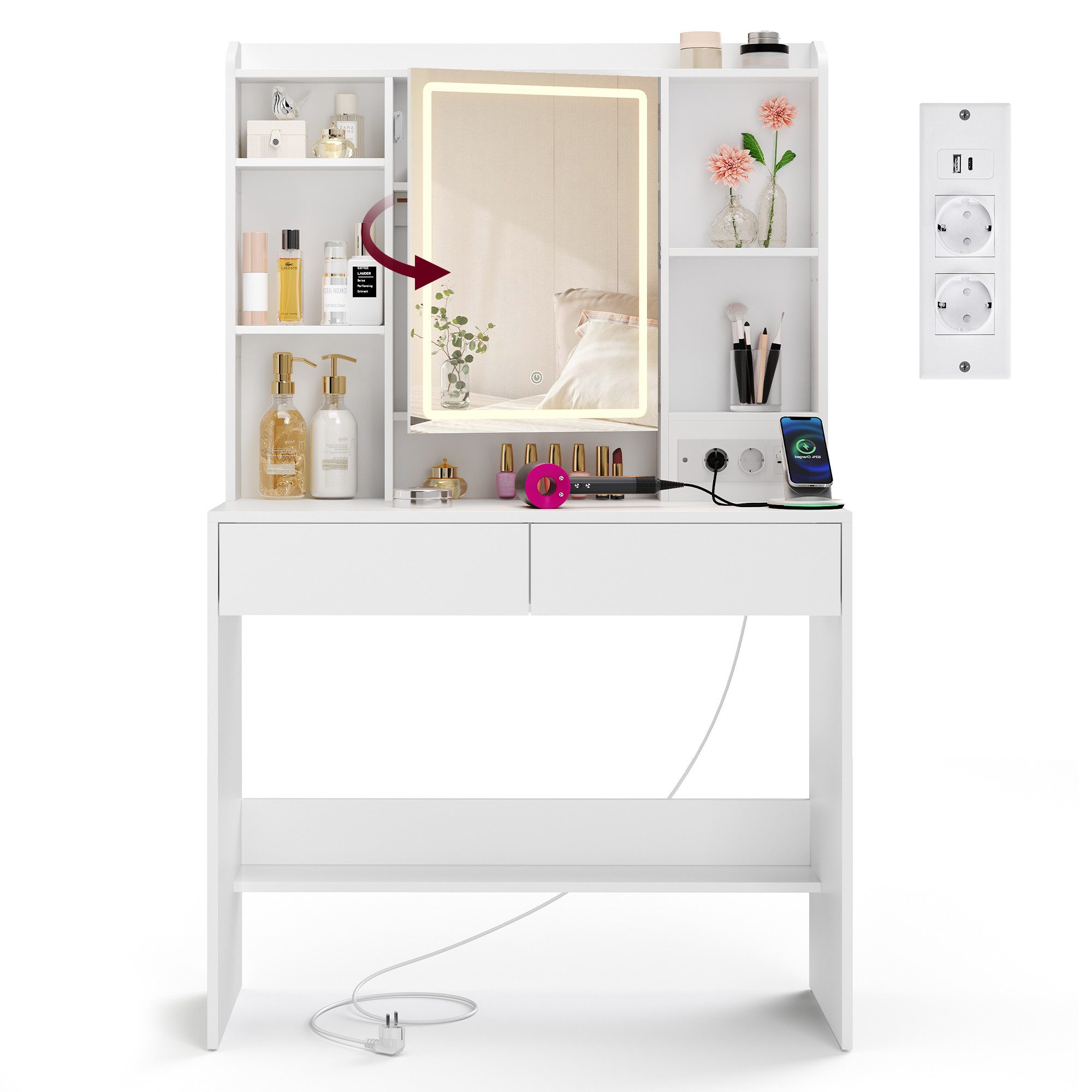 VASAGLE Schminktisch Kosmetiktisch mit LED-Beleuchtung, 3 Lichtfarben, mit Steckdosenleiste, verstellbaren Ablagen, 40 x 90 x 145 cm