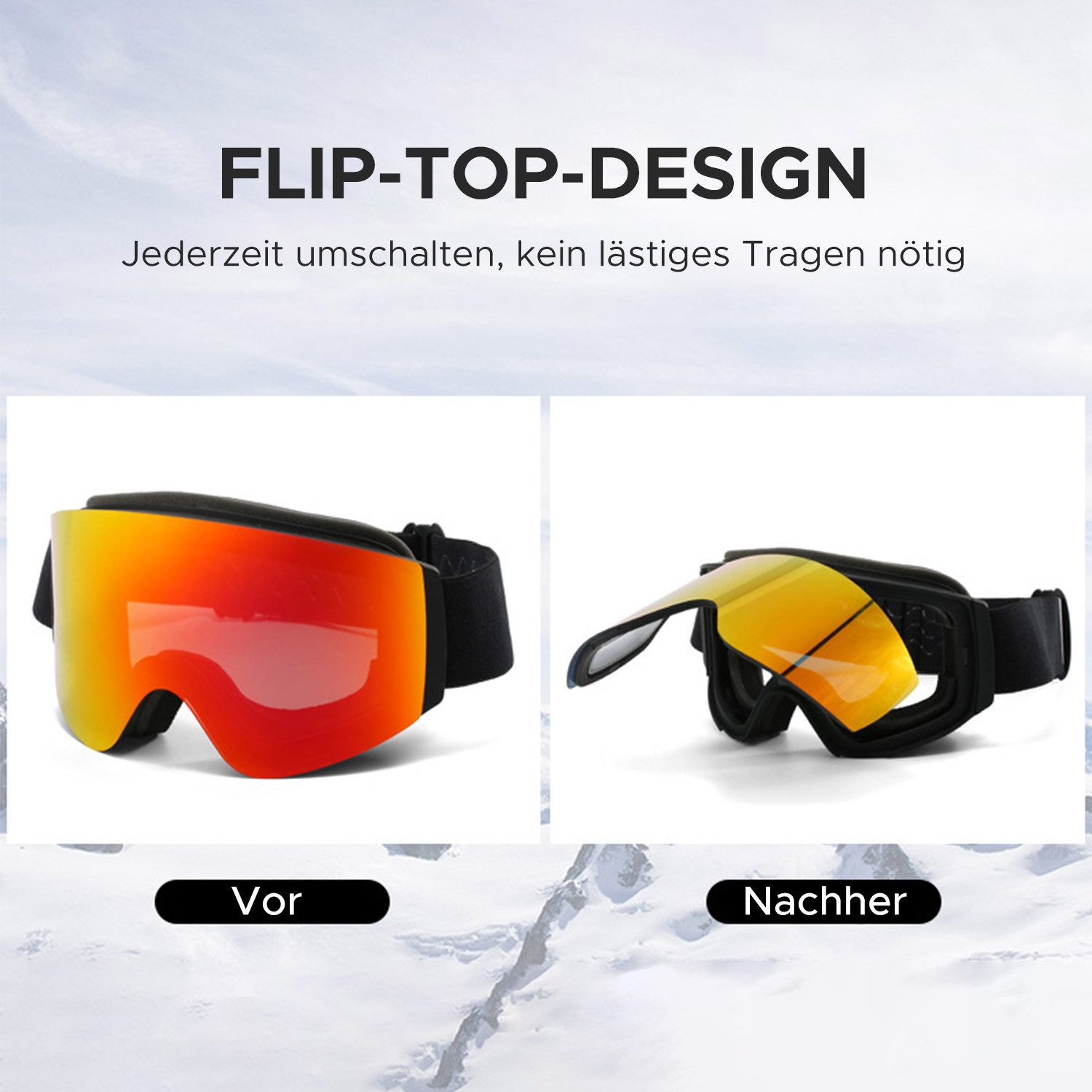 Refttenw Skibrille Unisex Skibrille UV-Schutz Schneebrille mit Anti-Fog-Beschichtung, Doppelscheibe Skibrille für brillenträger