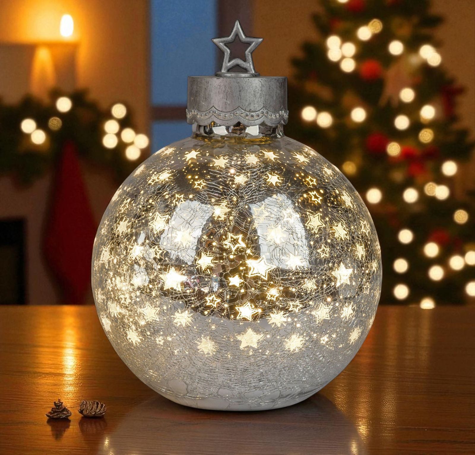 formano LED Dekolicht XXL Glas-Kugel 35cm Silber Sterne Timer 6h/18h Weihna günstig online kaufen