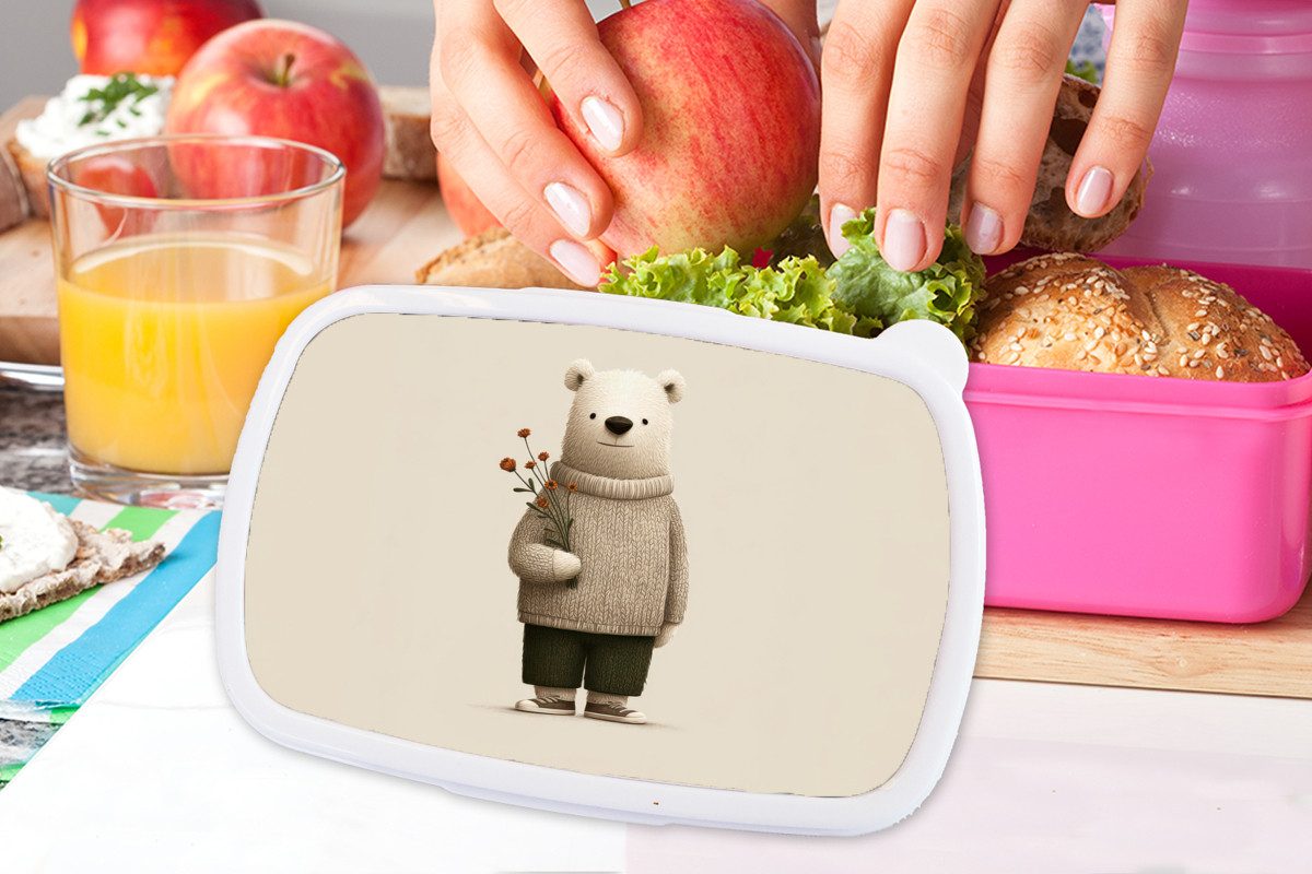 MuchoWow Lunchbox Teddybär - Orangefarbene Blumen - Freundlich, Kunststoff, (2-tlg), Brotdosen, Lunch Box, Brotbox für Kinder und Erwachsene