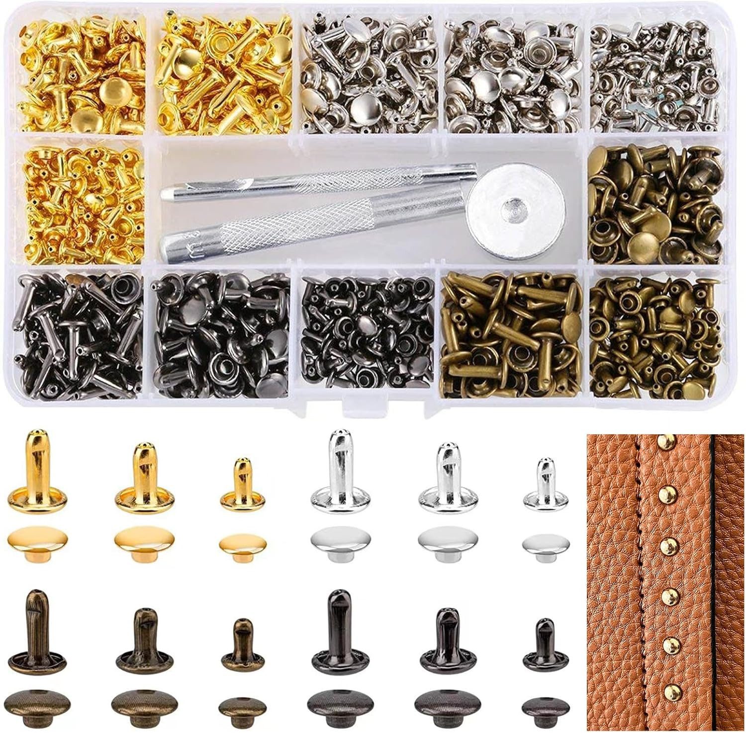 RWEUOQ Niete 180 Set Leder Nieten Doppelkappe Rivet 3 Größen Nieten für Leder, (Ledernieten Metallnieten Set, 180 St., Doppelkappe Nieten Set mit 3 Stück Fixierung Werkzeug Hohlnieten), für DIY Lederhandwerk Kleidung Dekoration