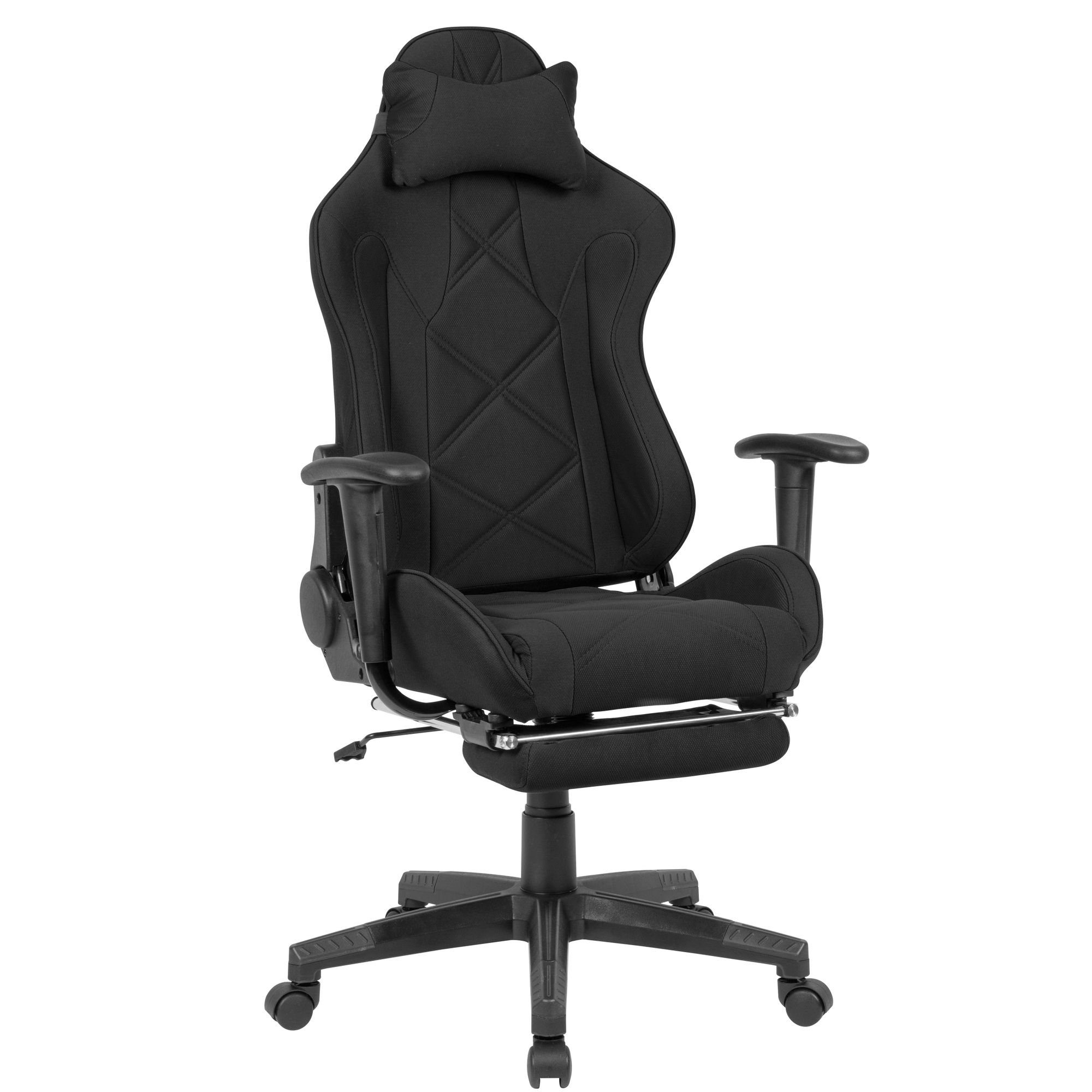 FINEBUY Gaming Chair SuVa18757_1 (Stoff Schwarz Modern, Drehstuhl bis 120 kg), Schreibtischstuhl mit ausziehbarer Fußstütze Schwarz | Schwarz