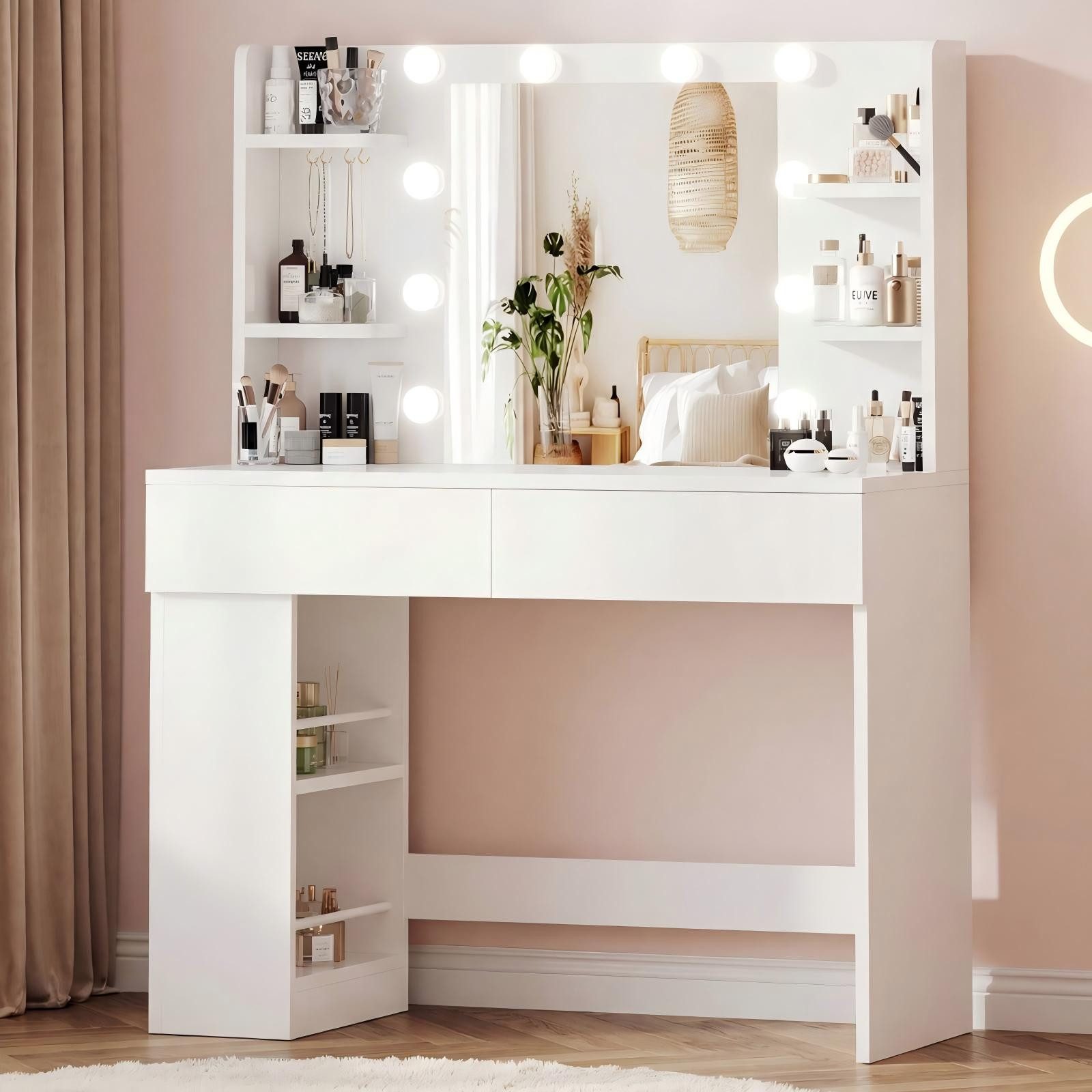 HOMALL Schminktisch mit Spiegel, LED-Beleuchtung, einstellbare Helligkeit, ostern (Langex Brete x Hthe) 90/110 x 40x 135 cm. B ofene Facher (2 seitiche Facher sind nach inks und rechts verschiebban. 2 groBe Schubladen)