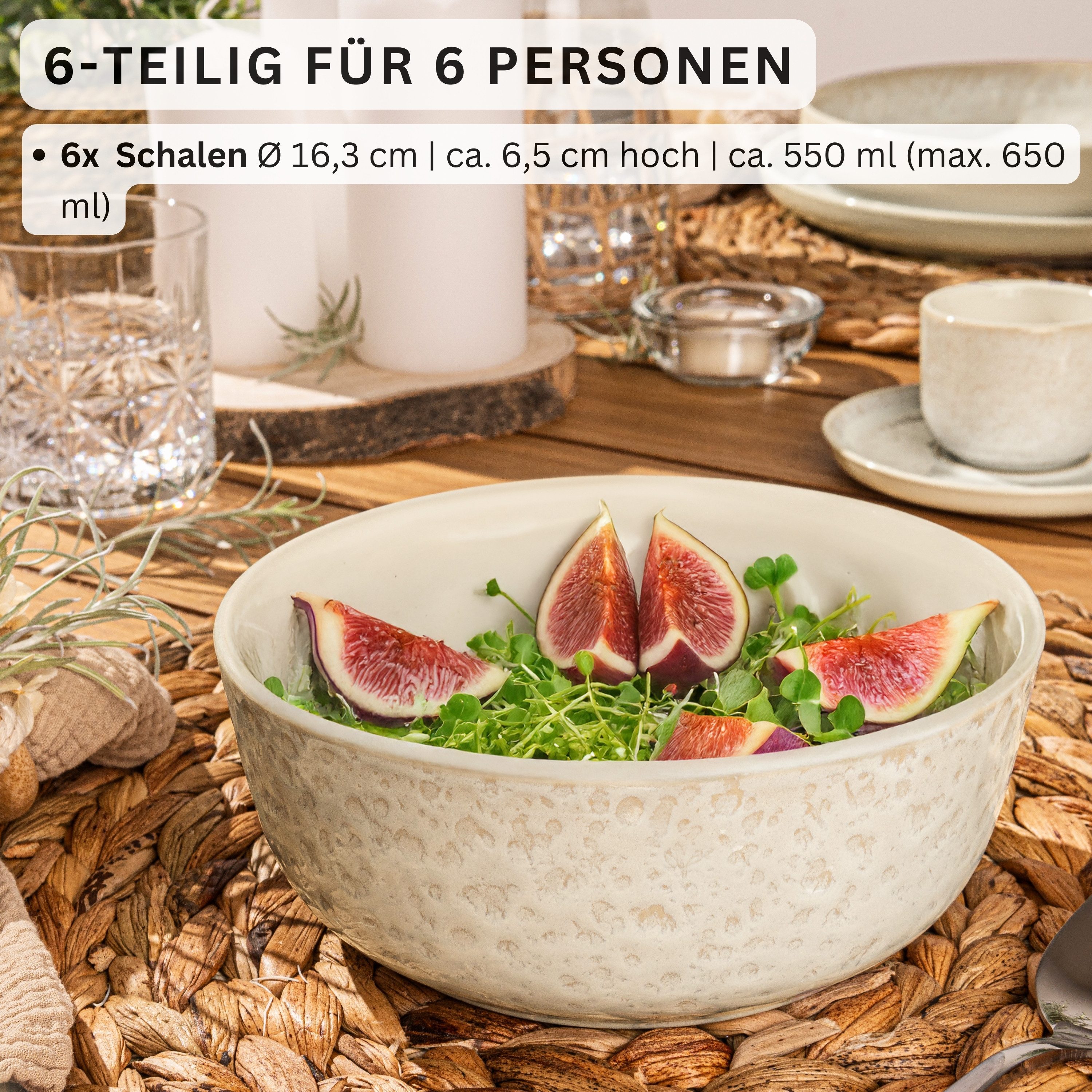 SÄNGER Teller Set Key West, Creme mit sandiger Maserung, (6 St), Schalen Set, 6 Personen, Steingut, Handmade, VALUE COLLECTION