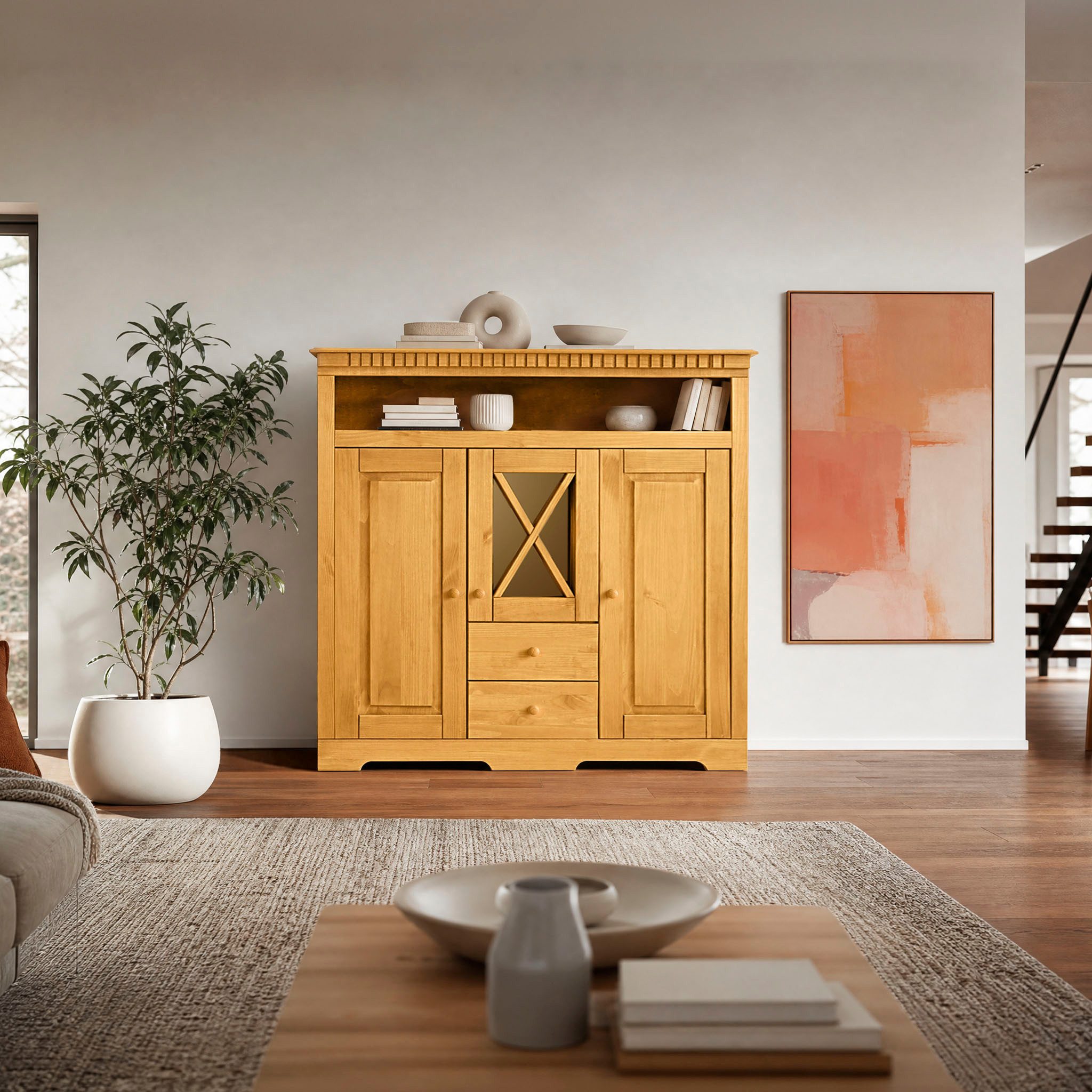OTTO home Highboard Lisa, Stauraumschrank aus massivem Kiefernholz, mit dekorativen Fräsungen