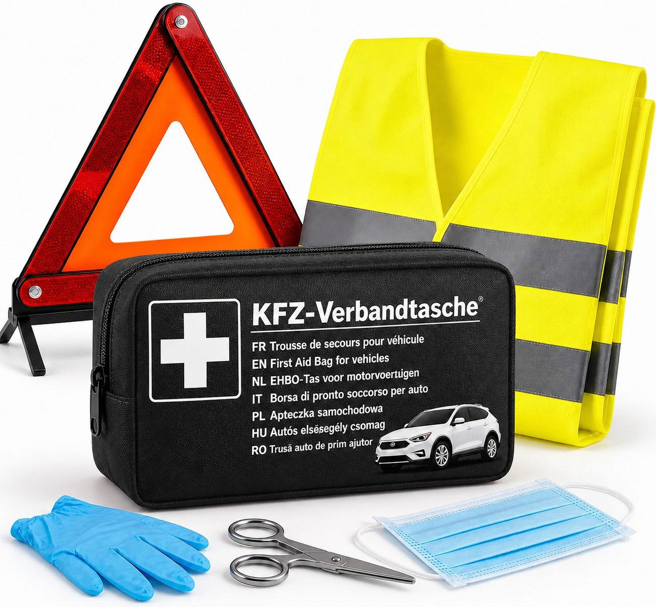 TK Gruppe Erste-Hilfe-Set 3 in 1 KFZ Set - KFZ-Verbandskasten, Warnweste, Warndreieck, (3er Set, 1 St), 3in1 KFZ Set