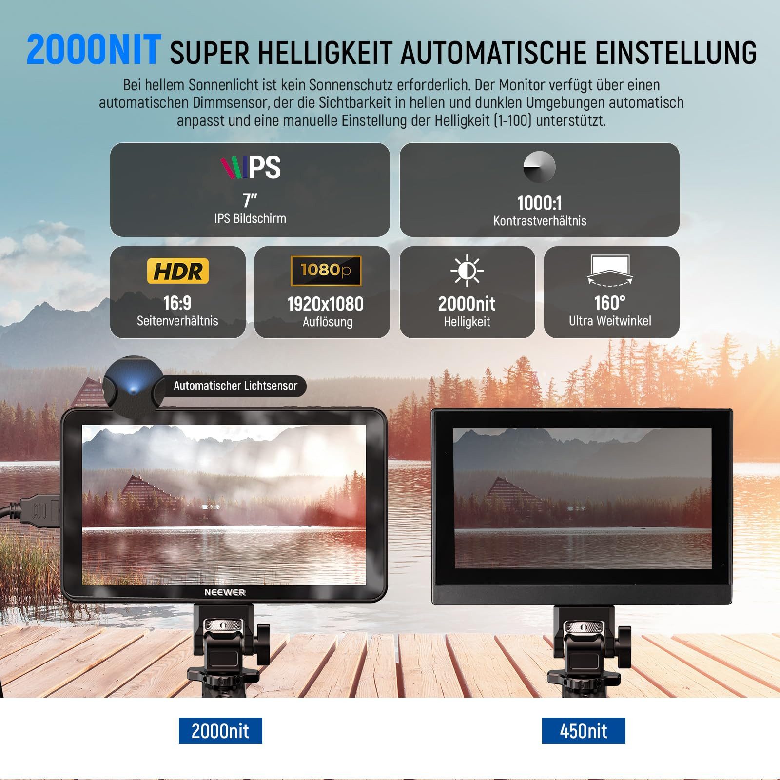 Neewer Kamerazubehör-Set F700 7" Kamera Feld Monitor, 2000nit HD 1920 x 1080 IPS Touchscreen, (Packung), mit 3D LUT, 4K HDMI Loop In/Out, DSLR Video Assist HDR Wellenform