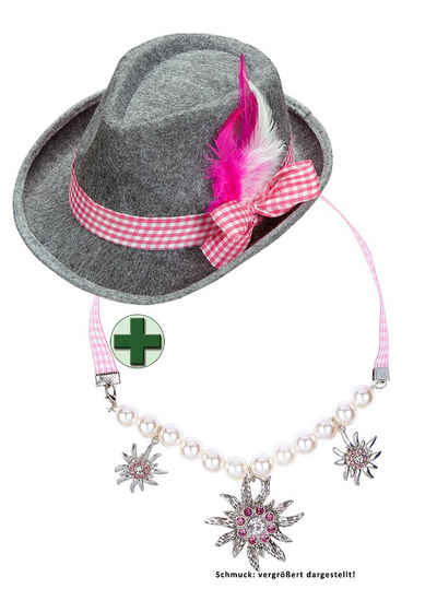 Karneval-Klamotten Kostüm Bayernhut Damen rosa grau mit Halskette Edelweiß, Accessoires für Oktoberfest
