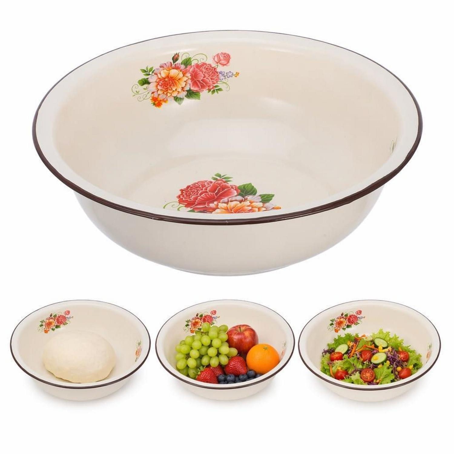 LuxusKollektion Salatschüssel Emaille Schüssel 30cm Vintage Blumenmuster Beige, Metall