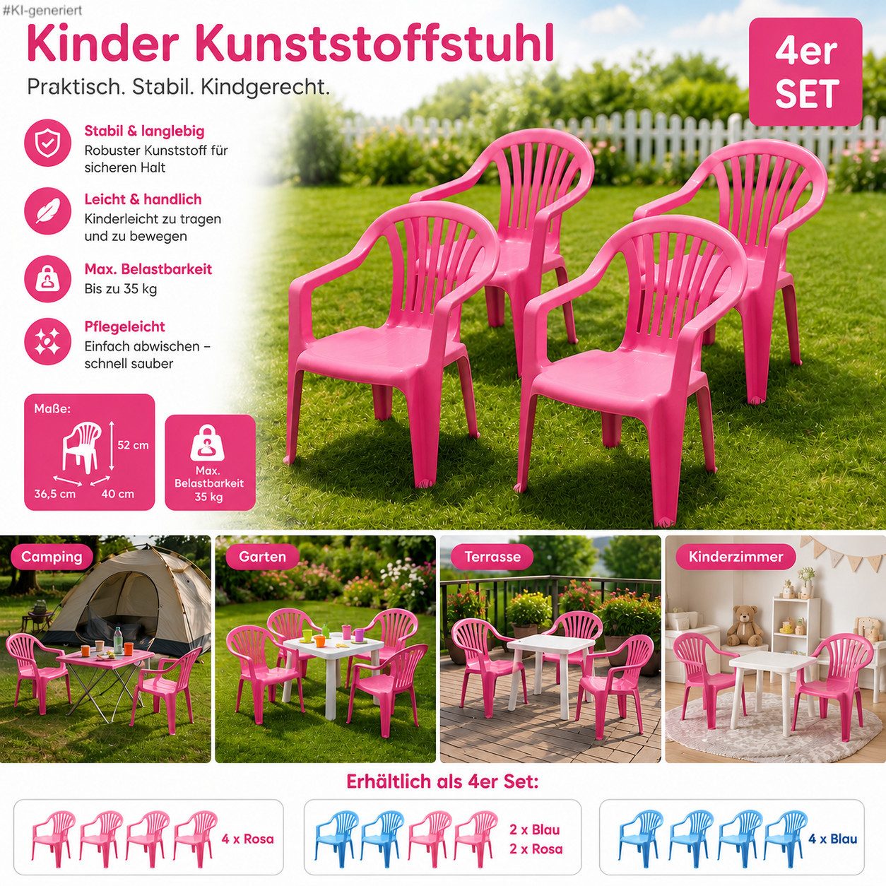 steinwohn Kinderstuhl 4er Set Stapelbar, Wetterfest, bis 35 kg, – für Garten, Camping, Terrasse & Kinderzimmer