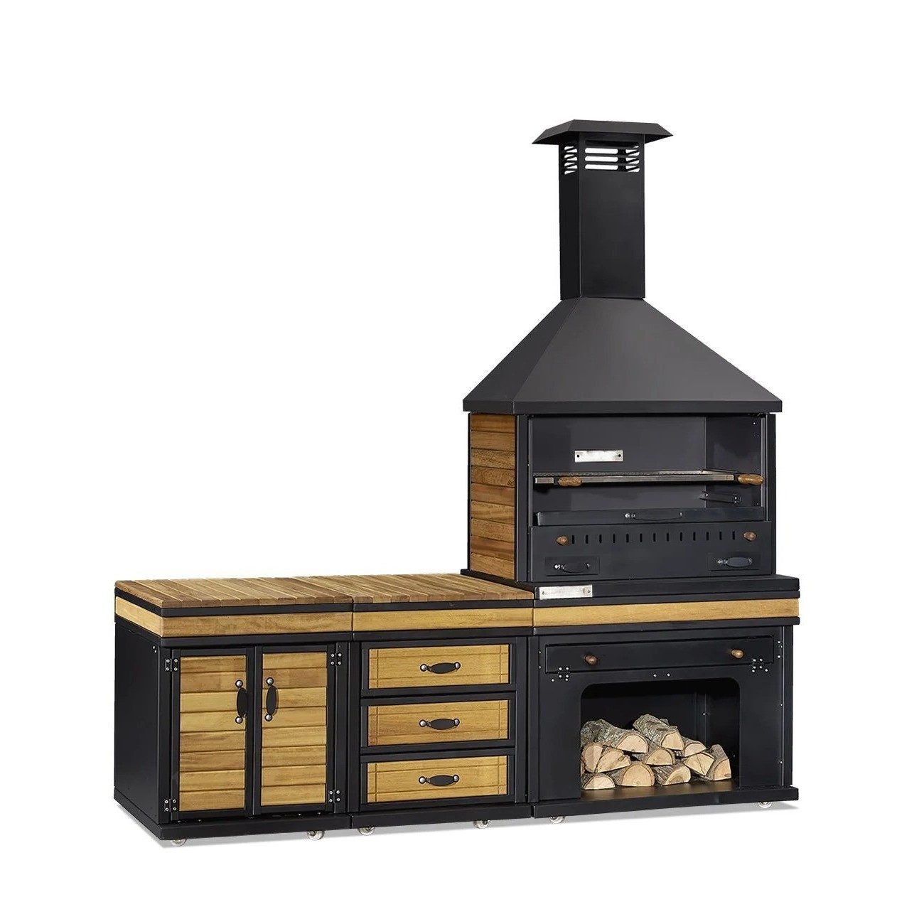Xlmoebel Outdoor-Küche Schwarze Außenküche aus Holz und Edelstahl mit Kochbereich, Made in Europa