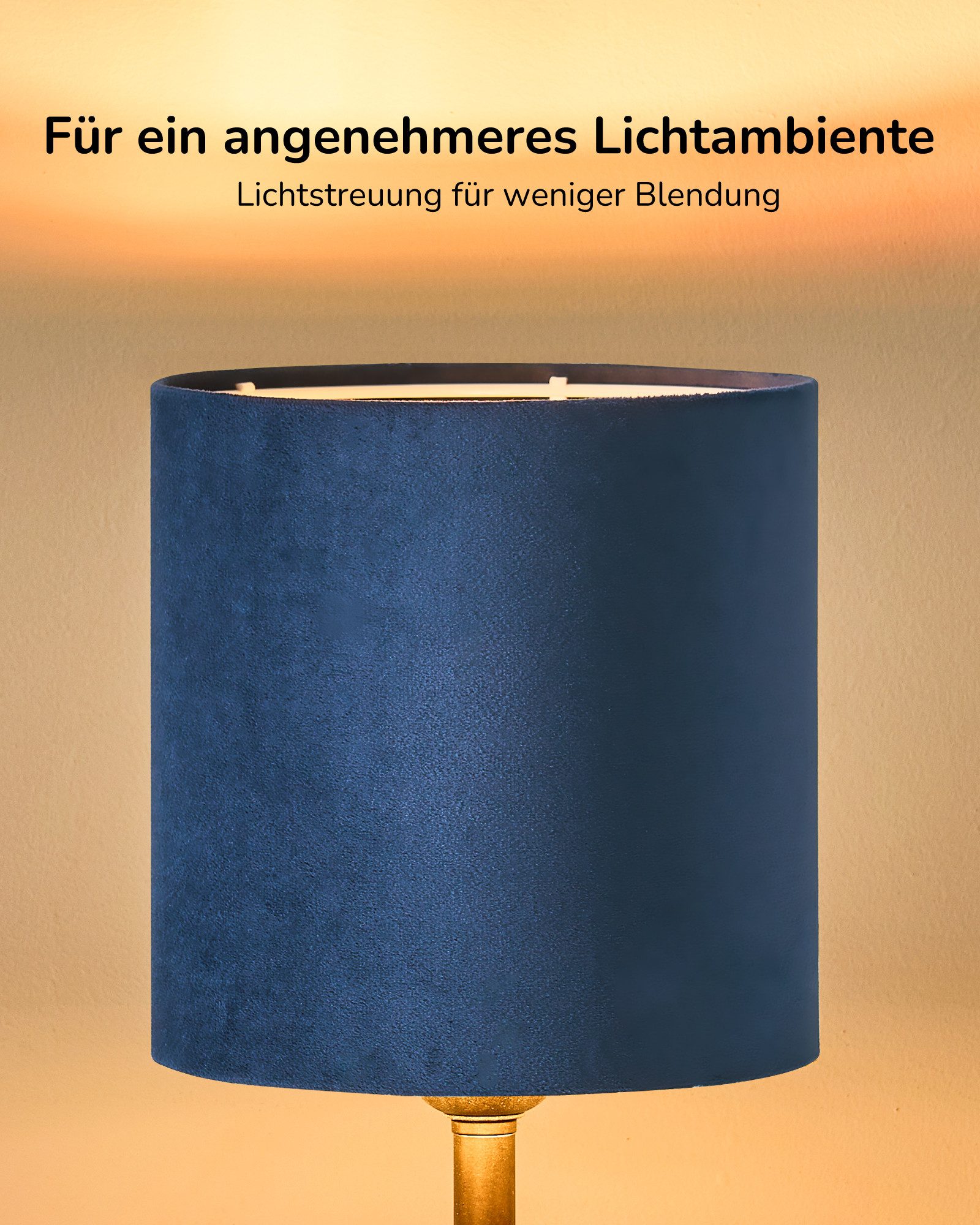 EDISHINE Nachttischlampe mit schwarzem Metallsockel und Samtschirm, LED wechselbar, Warmweiß, Blaue Vintage Tischlampe inkl. 2700K LED Leuchtmittel, 38cm