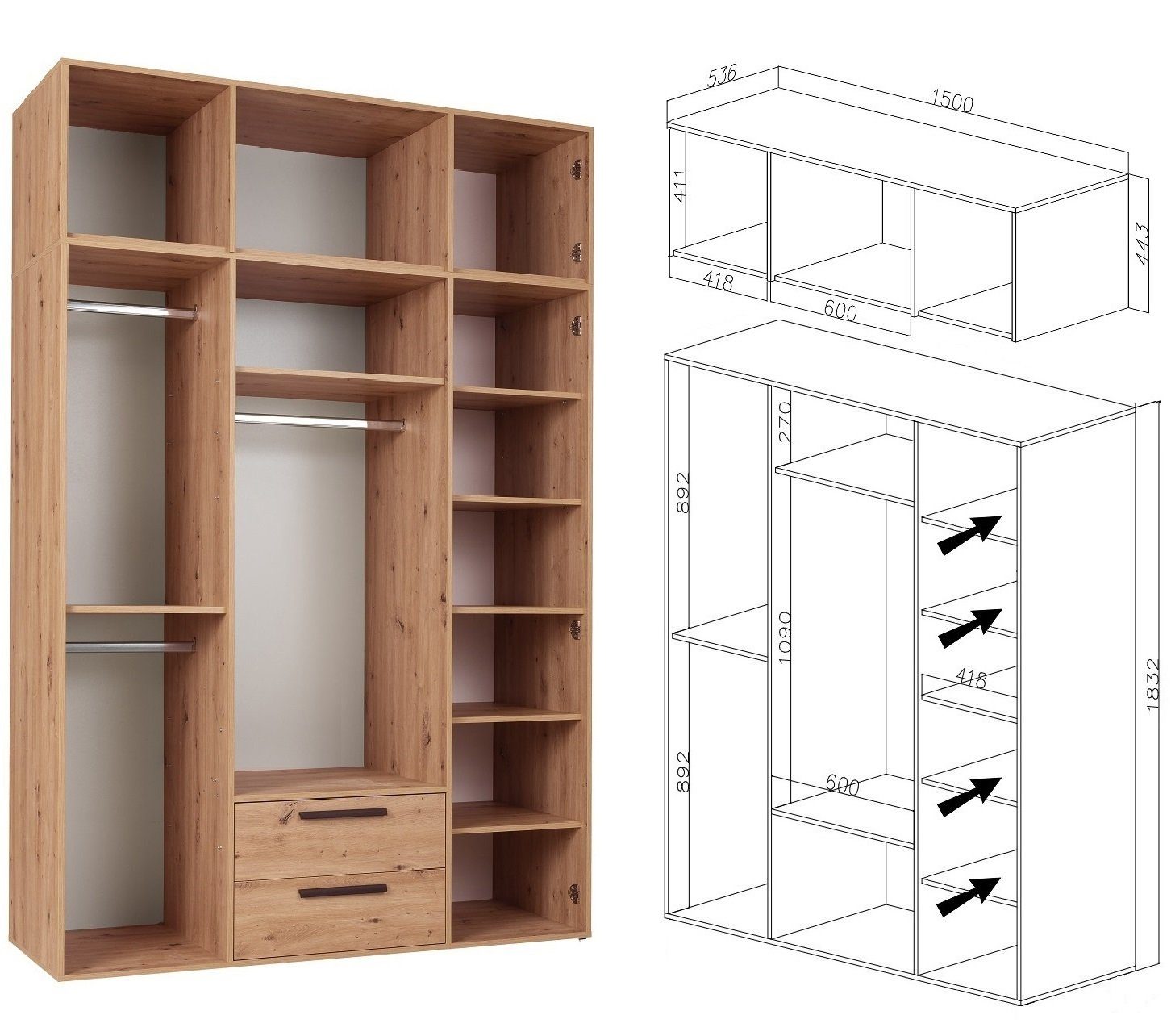 drei ARTI Kleiderstangen mit Drehtürenschrank 01NB Marmex Möbel