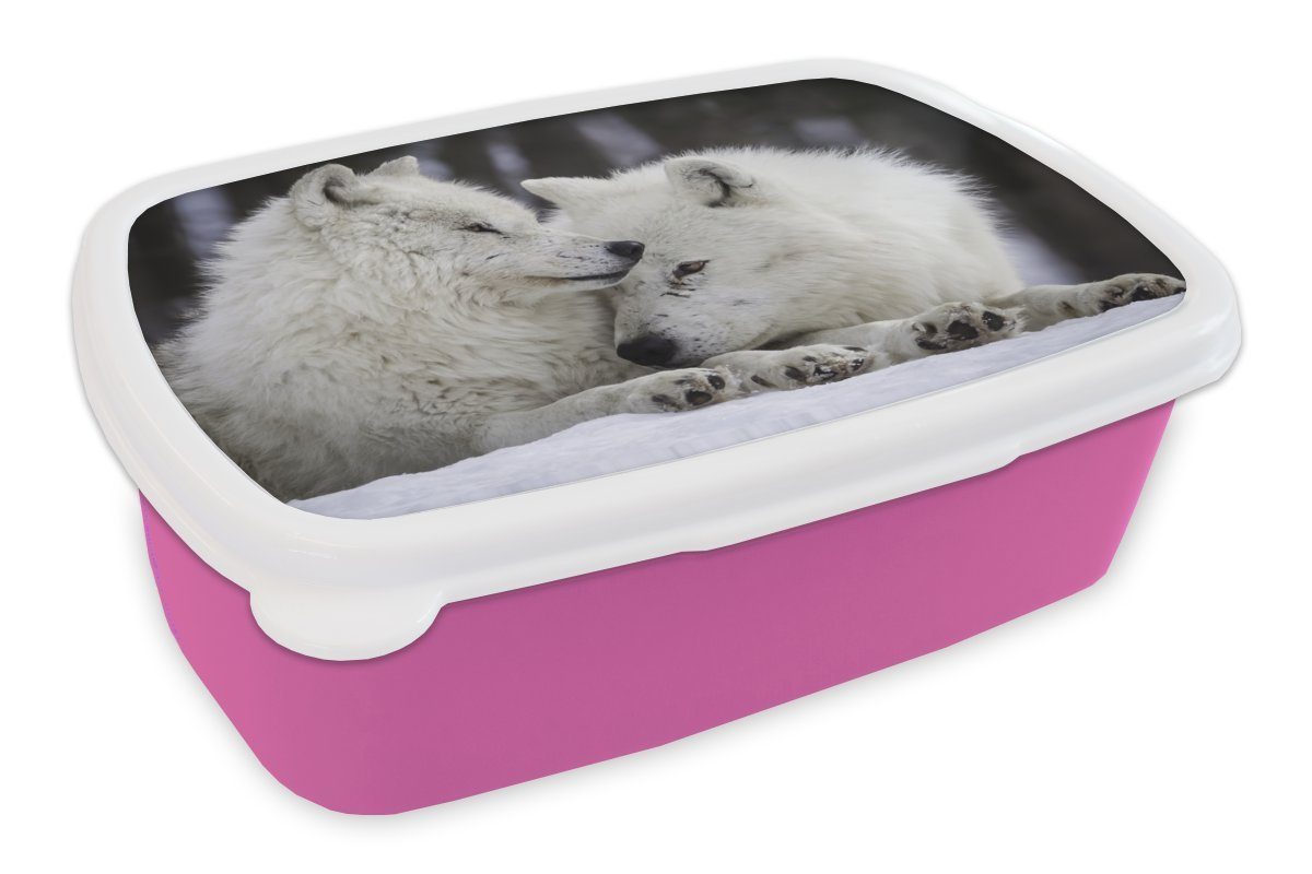 MuchoWow Lunchbox Wölfe - Schnee - Familie, Kunststoff, (2-tlg), Brotbox für Erwachsene, Brotdose Kinder, Snackbox, Mädchen, Kunststoff rosa