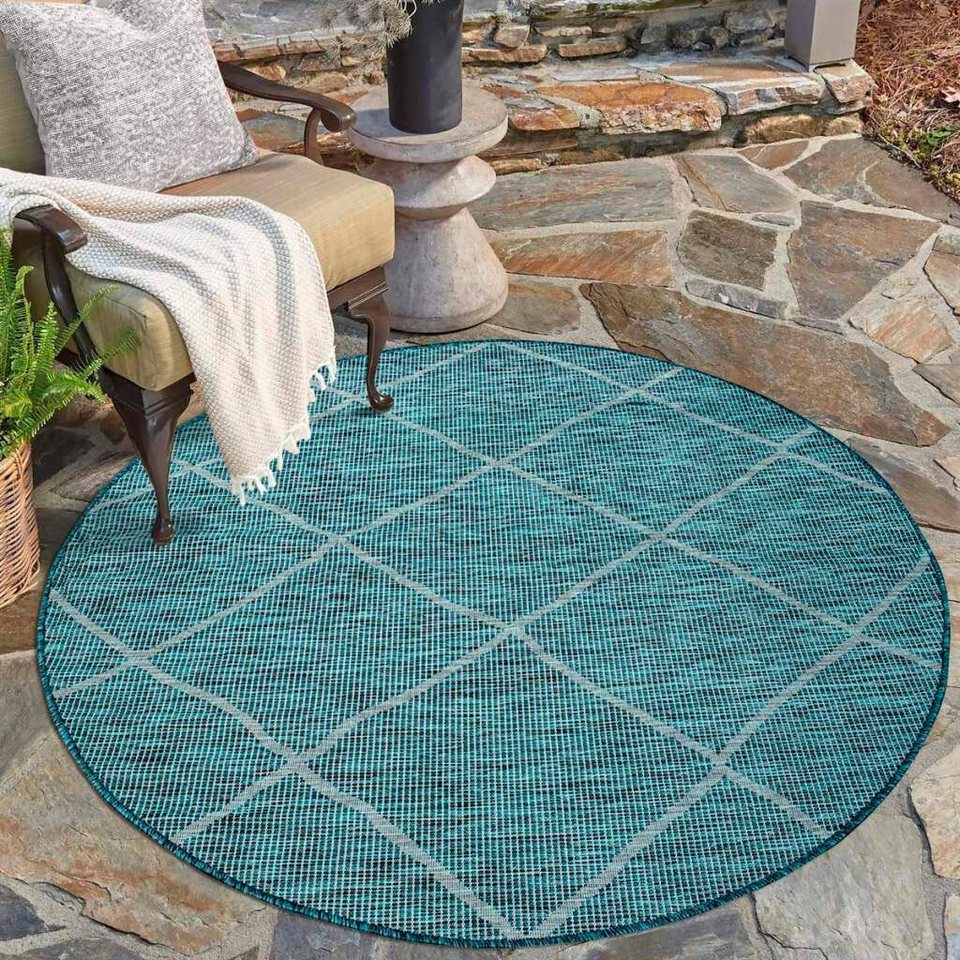 Teppich Palm, Carpet City, rund, Höhe: 5 mm, Wetterfest & UV-beständig, für  Balkon, Terrasse, Küche, flach gewebt