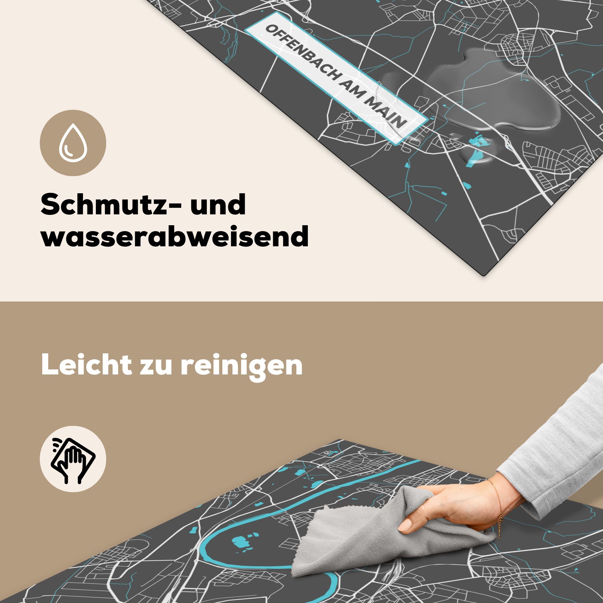 MuchoWow Arbeitsplatte cm, am Deutschland - (1 - Stadtplan Offenbach Karte Vinyl, für Blau, - 78x78 Ceranfeldabdeckung, - Main küche tlg), Herdblende-/Abdeckplatte