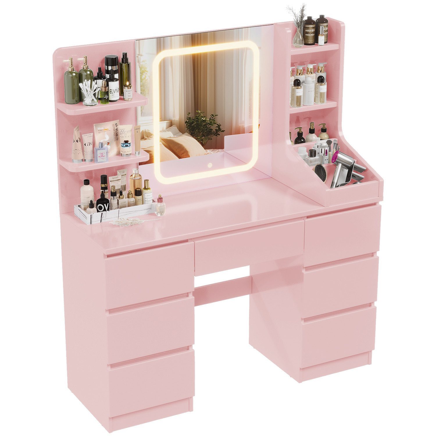 HOMALL Schminktisch mit dreifarbigen LED-Leuchten, Spiegeln und viel Stauraum (110 x 40 x 139 cm, mit 7 Schubladen und 8 Ablagefächern, schlicht und elegant) – Bild 3 von 5