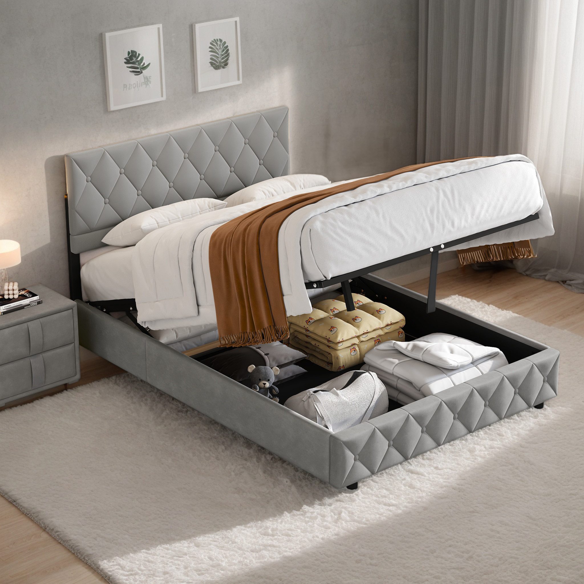 OKWISH Polsterbett Stauraumbett Funktionsbett (Strapazierfähig und schmutza günstig online kaufen
