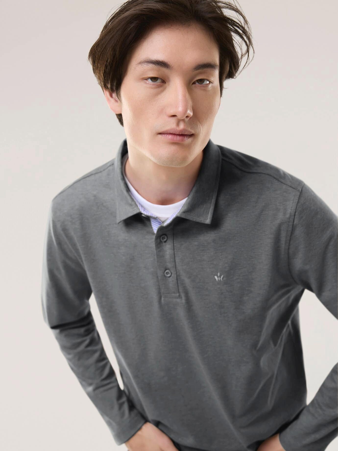 Walbusch Poloshirt Herren Langarmpolo aus Baumwollmix Shirt Feines Melange-Piqué, konfektionierter Hemdenkragen, pflegeleicht