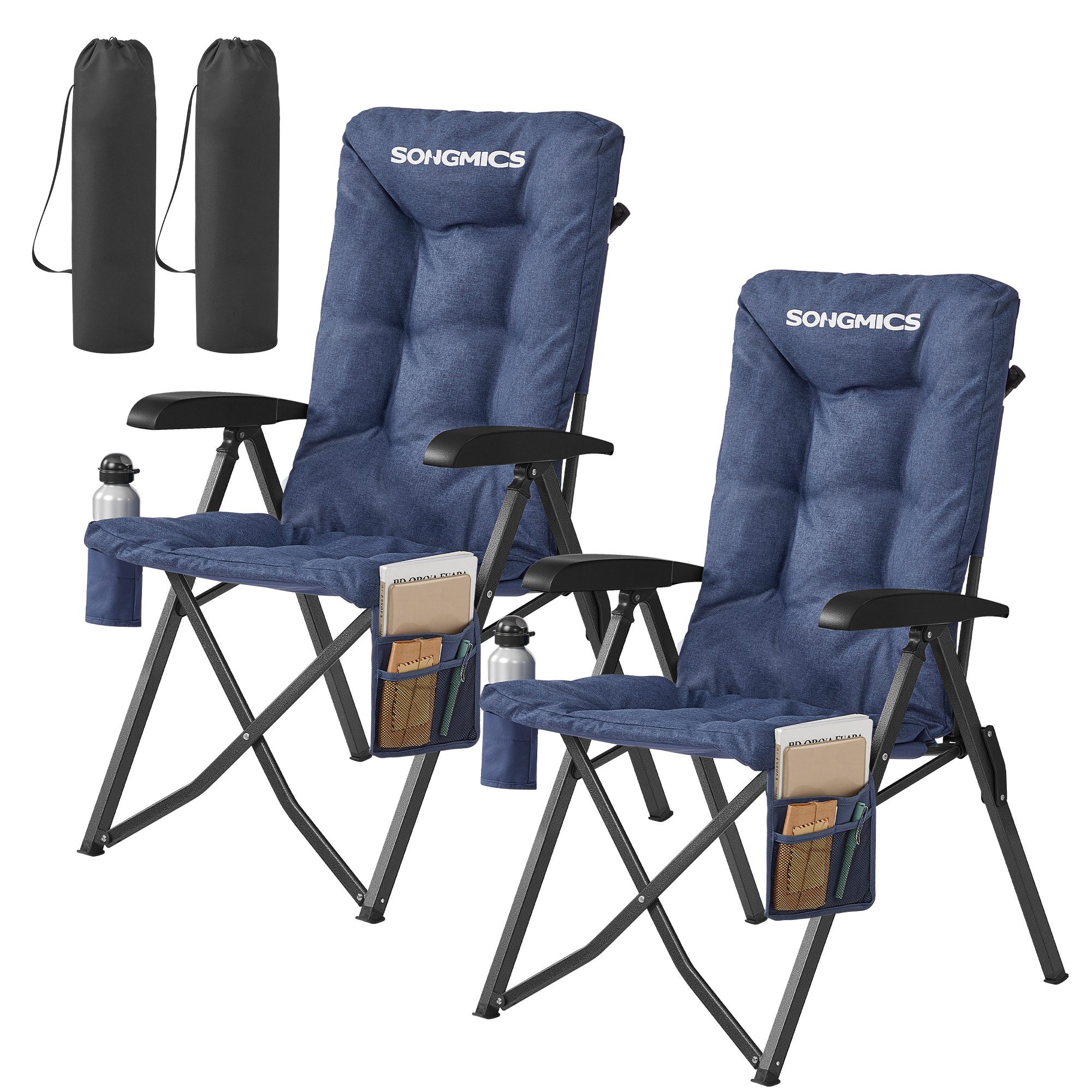 SONGMICS Campingstuhl 90°-150° verstellbare Rückenlehne, mit Polsterung/Tragetasche, 70 x 59,5 x 110 cm, belastbar bis 150 kg