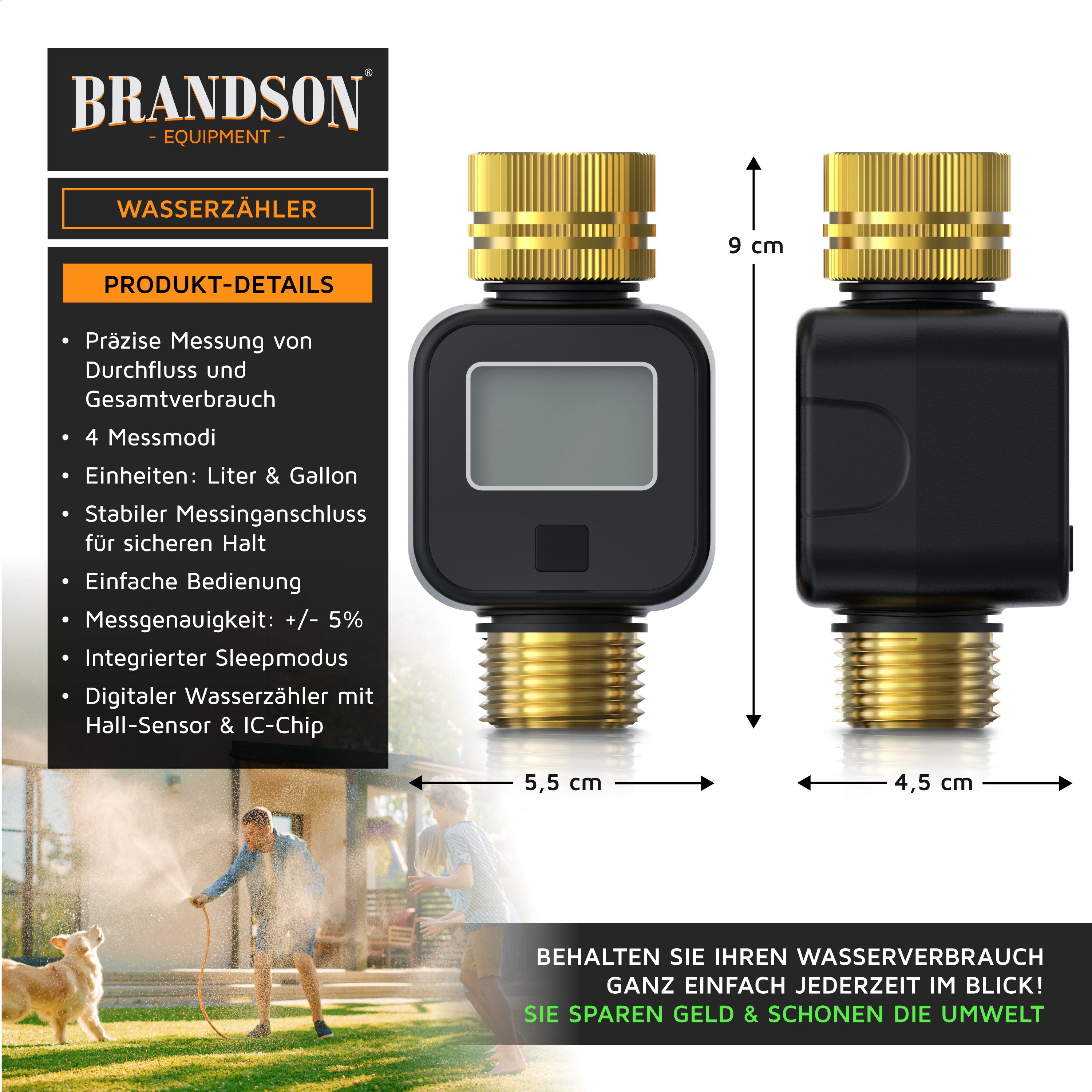 Brandson Wasserzähler Wassermengenzähler digital 3/4 Zoll, Wasseruhr Garten Durchflussmesser, (1-tlg), Display, 4 Modi, Liter/Gallone, Sleepmodus, IPX5, Batteri – Bild 2 von 5