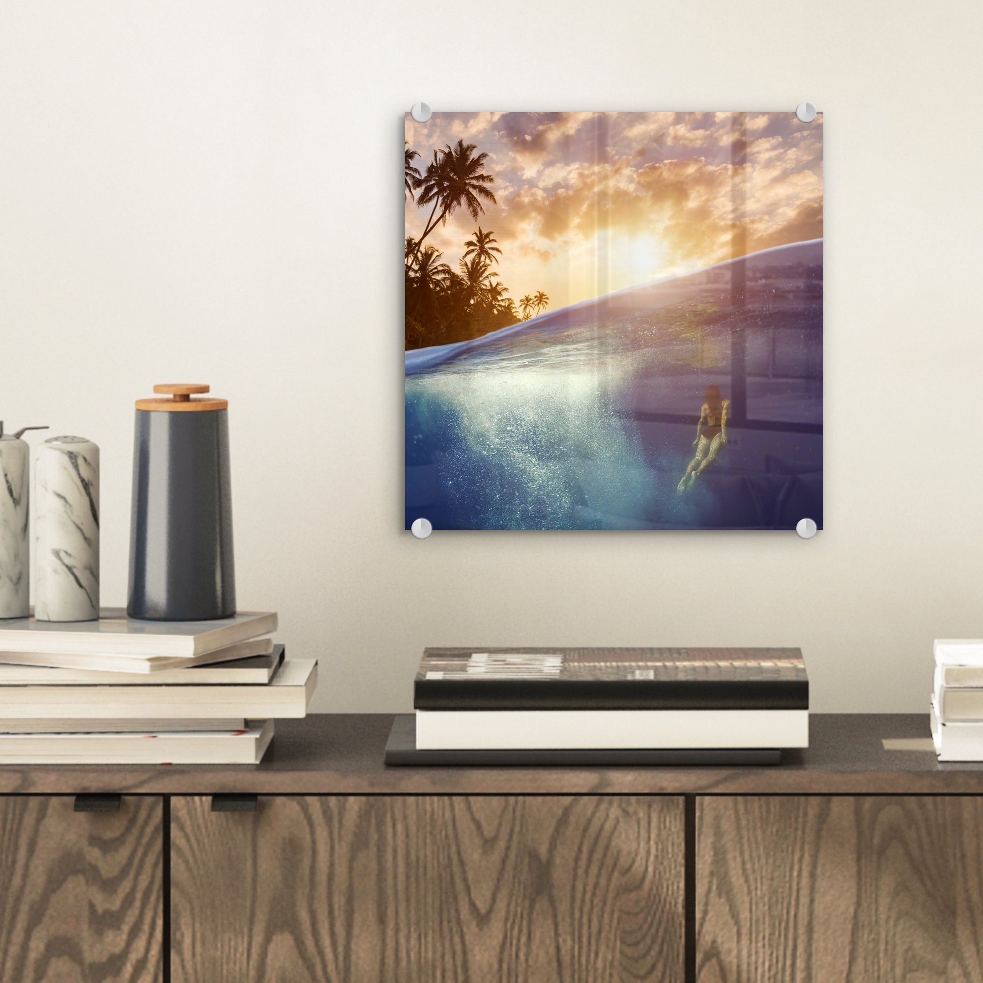 Bilder St), Wanddekoration Wandbild - Meer Acrylglasbild Sonne, - auf - bunt Glas - Schwimmer auf Foto Glas MuchoWow (1 - Glasbilder