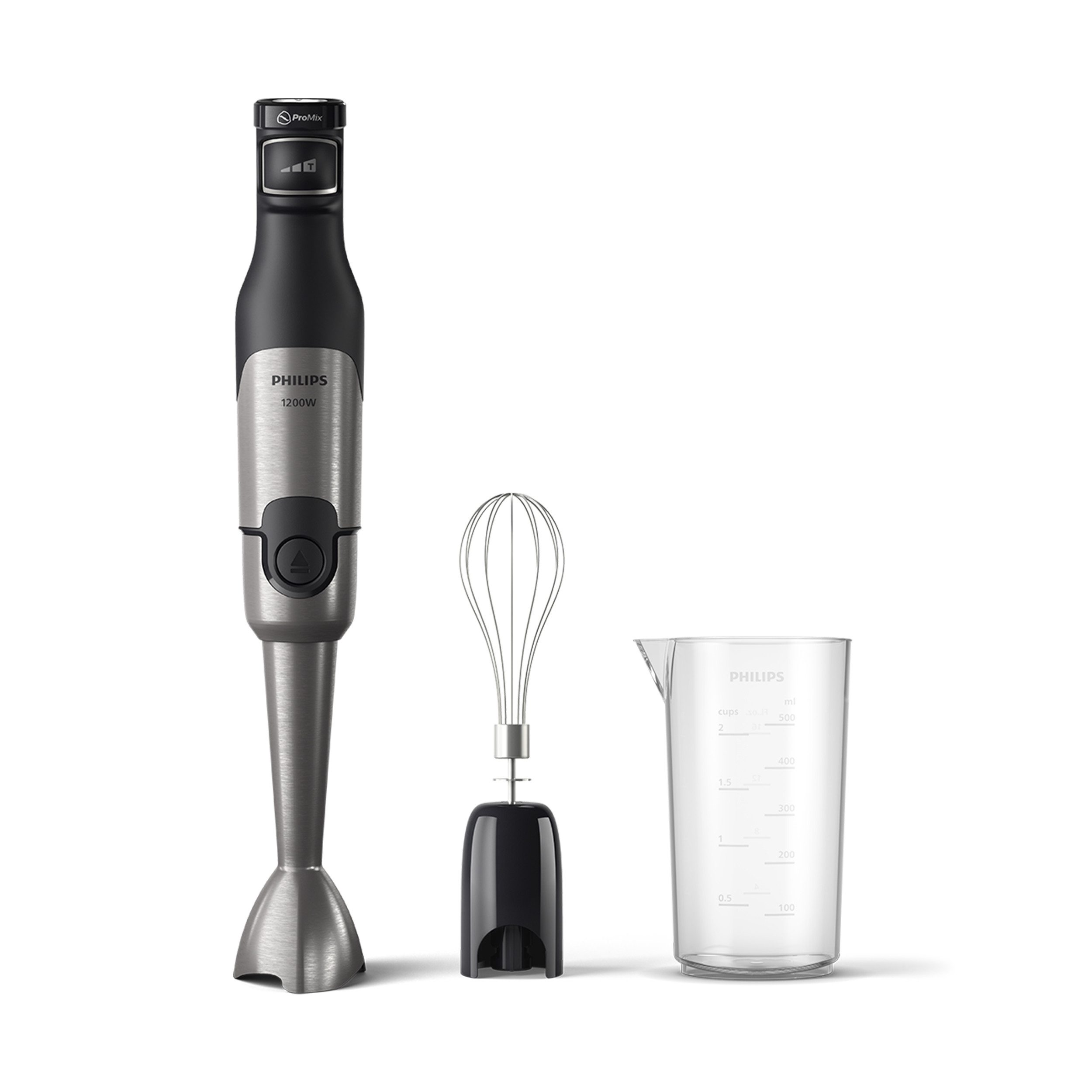 Philips Stabmixer HR2682/00 5000 Series, mit ProMix-Technologie, 1200 W, Becher und Schneebesenaufsatz; Edelstahl/Schwarz