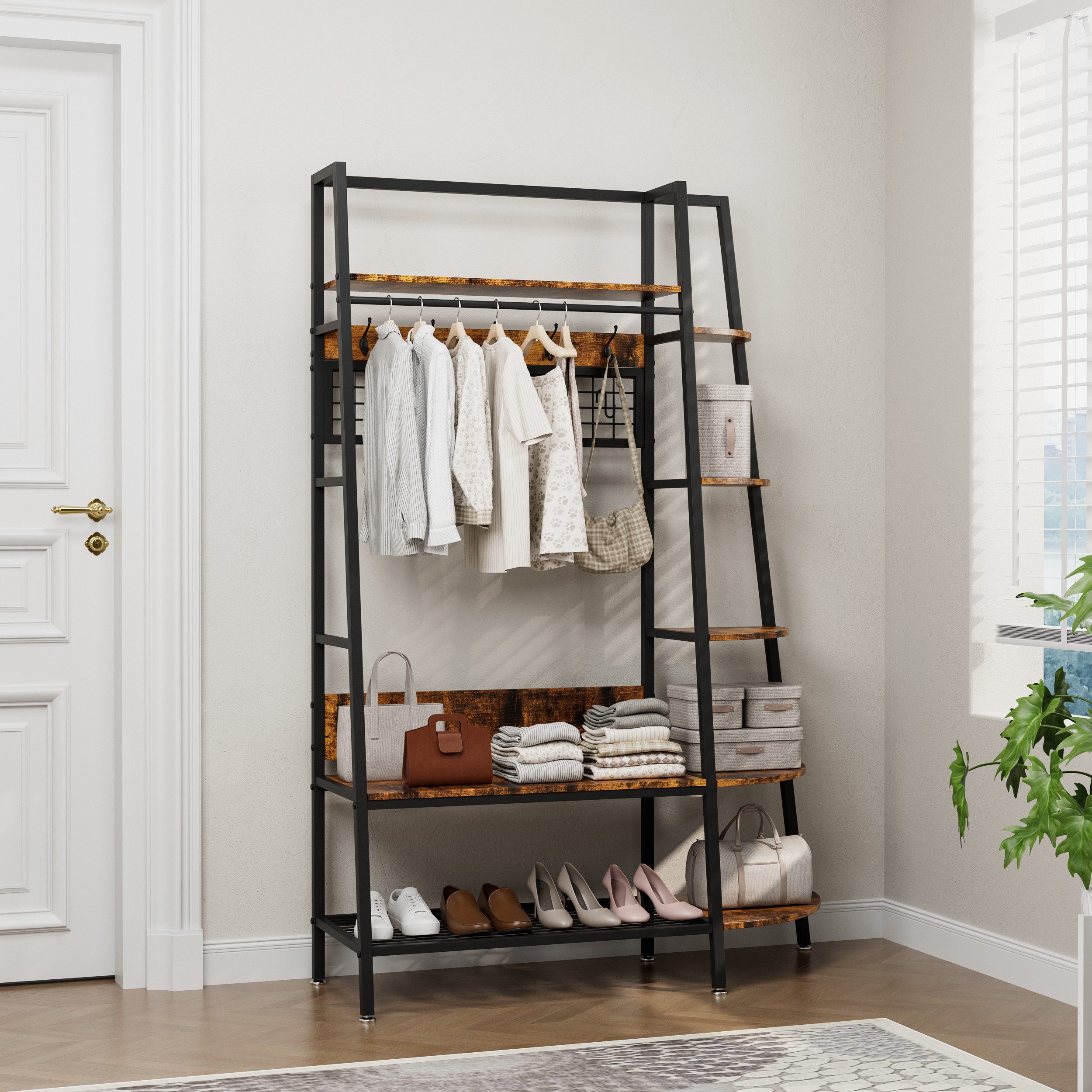REDOM Kleiderständer Offener Retro-Garderobenhalter in Braun, industrielles Design, (Garderobenständer, 1 St., Multifunktional als Kleiderständer & Schuhregal nutzbar), Platzsparende Aufbewahrung für Flur, Diele & Ankleide