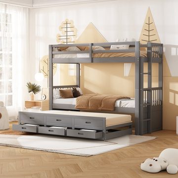REDOM Bett Etagenbett Kinderbett Hausbet Einzelbett (Bettgestell aus Kiefer und MDF mit Leiter undausziehbarem Bett, 3 Schubladen), 90x200cm, Matratze nicht enthalten