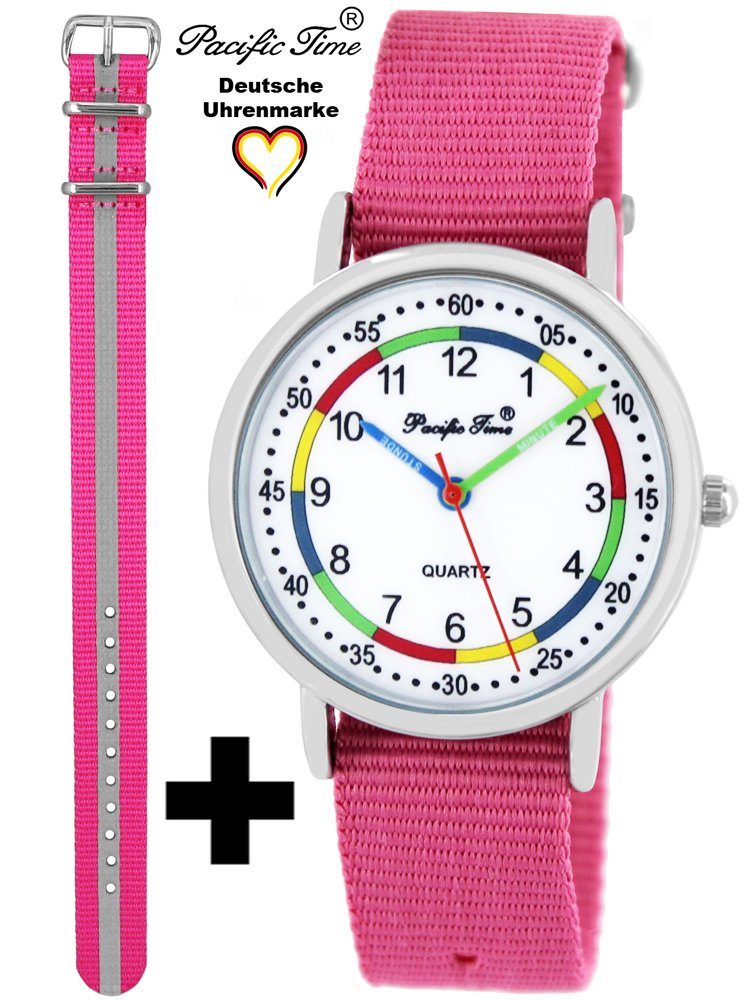 Pacific Time Quarzuhr Set Kinder Armbanduhr First Lernuhr Wechselarmband, Mix und Match Design - Gratis Versand Reflektor pink und rosa
