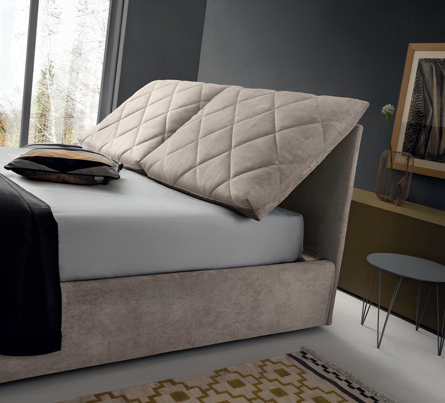 Xlmoebel Polsterbett Designer Bett aus Stoff und Holz für modernes Schlafzimmer in Lux (Designer Bett), Made in Europa