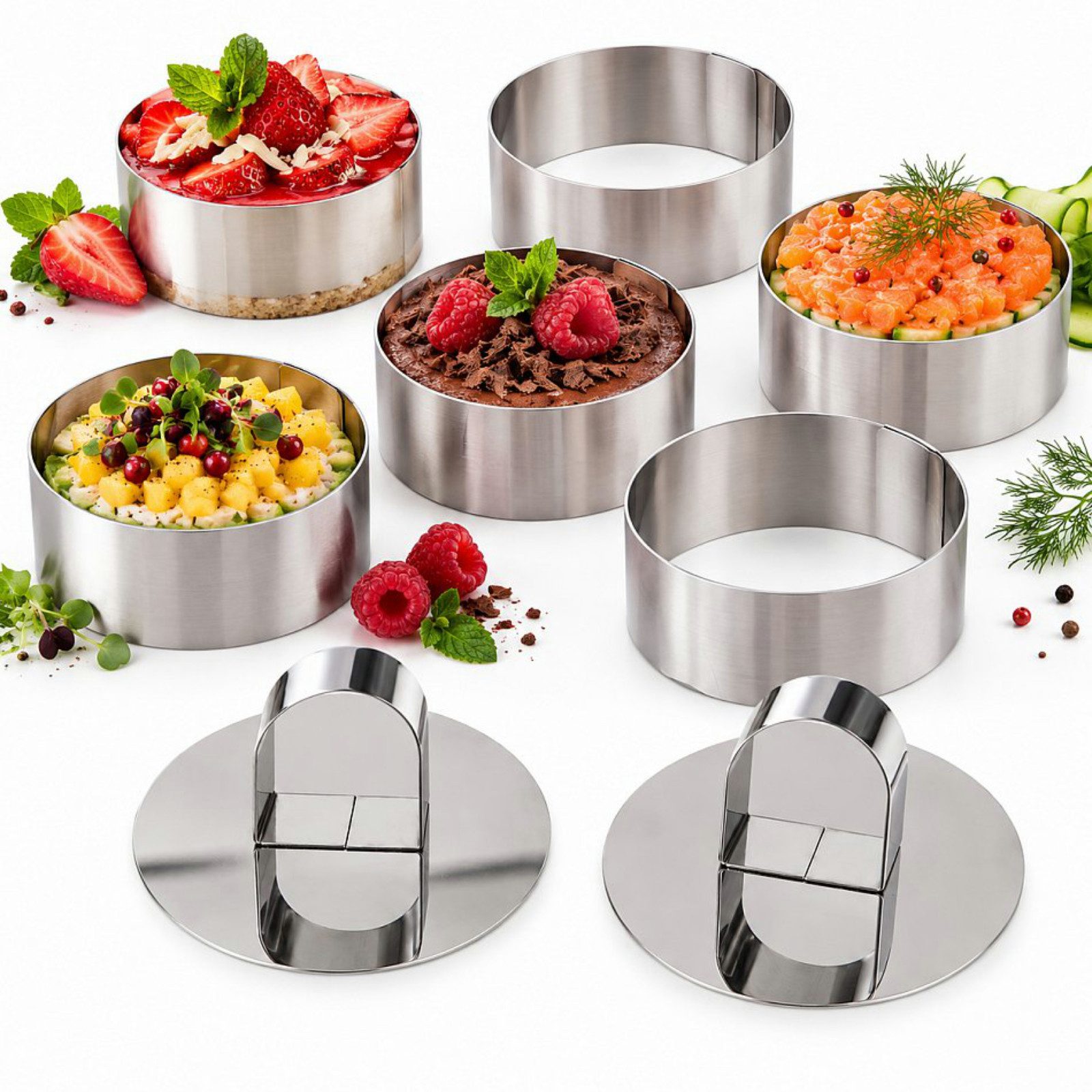 Haushalt International Im- und Export GmbH Speisering Desserting Backring Tortenring mit Stempel 8tlg, Edelstahl, (Set, 8 tlg., Packung), 6 Formen, 8x4cm (xH), 2 Stempel, Edelstahl